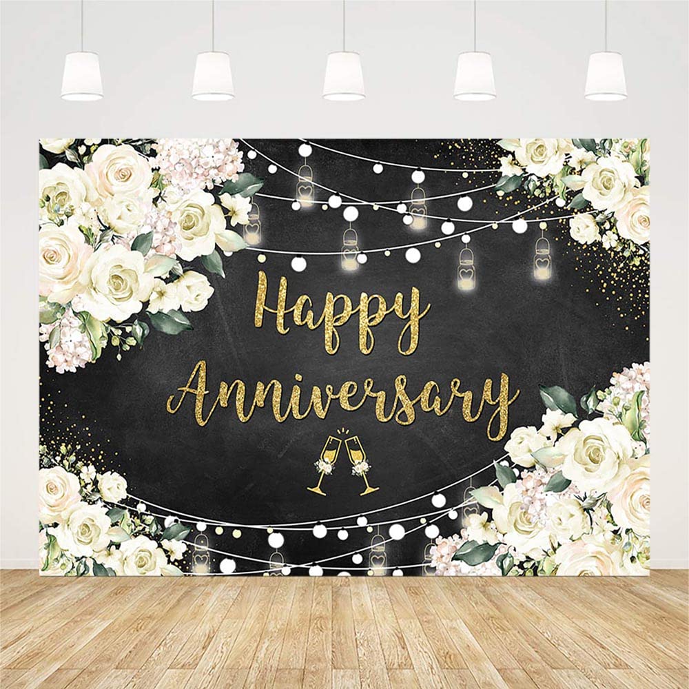 7x5ft Black & Gold Floral Anniversary Backdrop - Chalkboard Style Wedding Decor for 10th & 50th Anniversary Parties, Birthdays, Photo Studio Props, Vinyl Banner Background | Perfect for Milestone Celebrations & Professional Photography