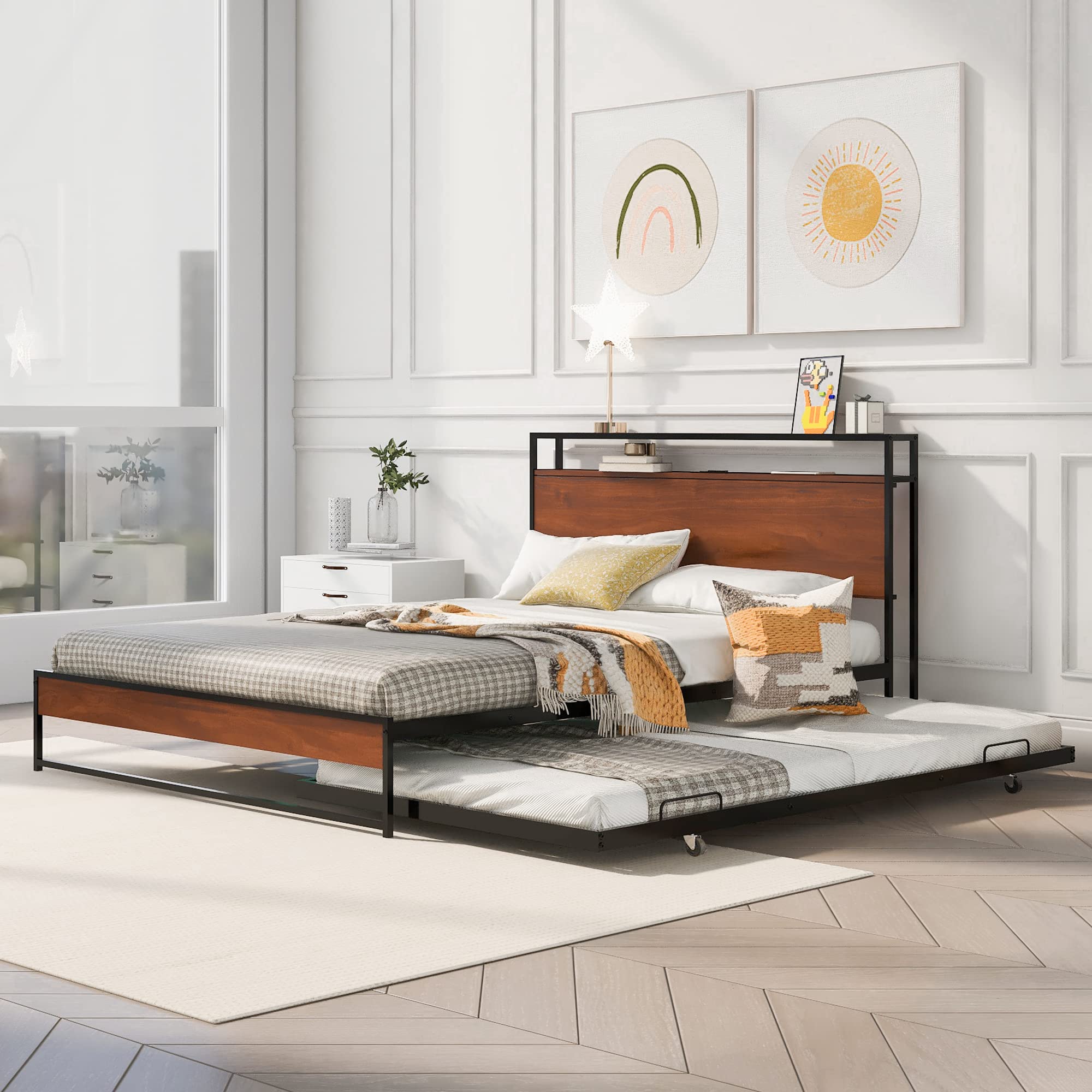 SOFTSEA Queen Size Metal Platform Bed Frame with Trundle & USB Ports - Storage Headboard with Shelf - Black Modern Bed for Bedroom & Guest Room - Perfect for Small Spaces & Overnight Guests