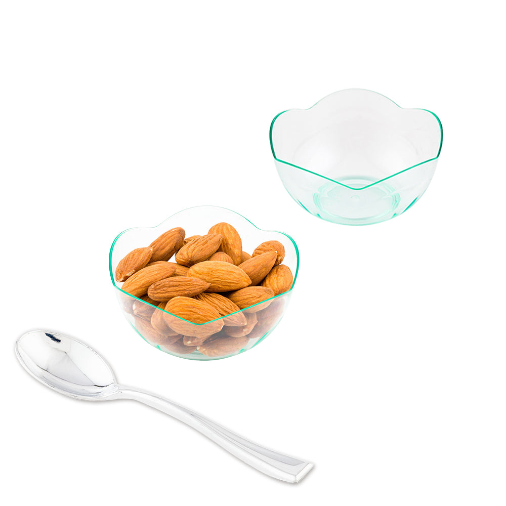 100 Pack 2 oz Round Seagreen Plastic Le Fleur Cups with 100 Silver Mini Spoons - Perfect for Party Favors, Baby Showers, and Dessert Serving