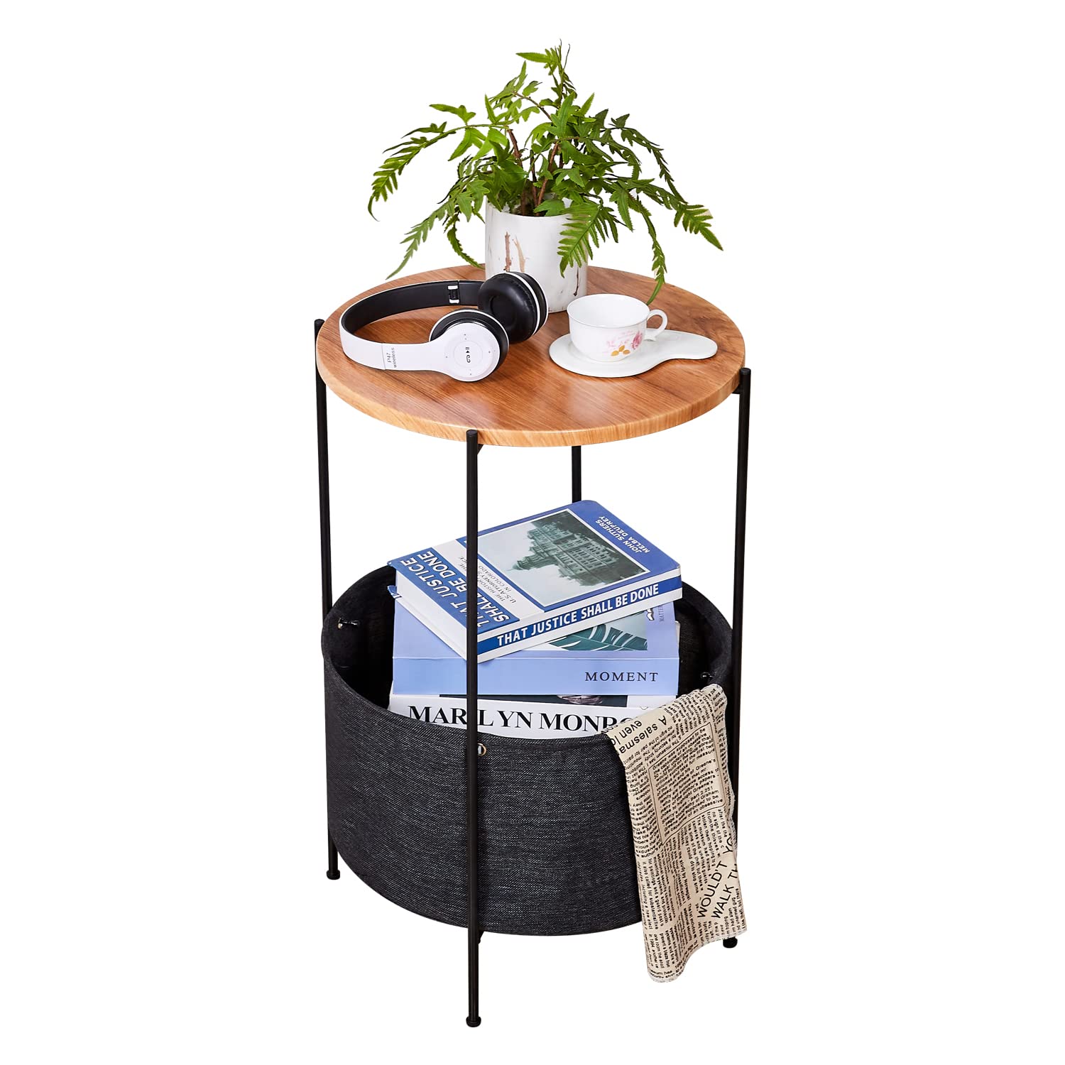 Industrial Round Side Table - 2 Tier Small Sofa Couch Table with Rustic Metal Frame & Storage Basket | End Table, Nightstand, Bedside Table for Living Room, Bedroom, Coffee Table | Perfect for Small Spaces & Apartment Decor (USA Shipping)
