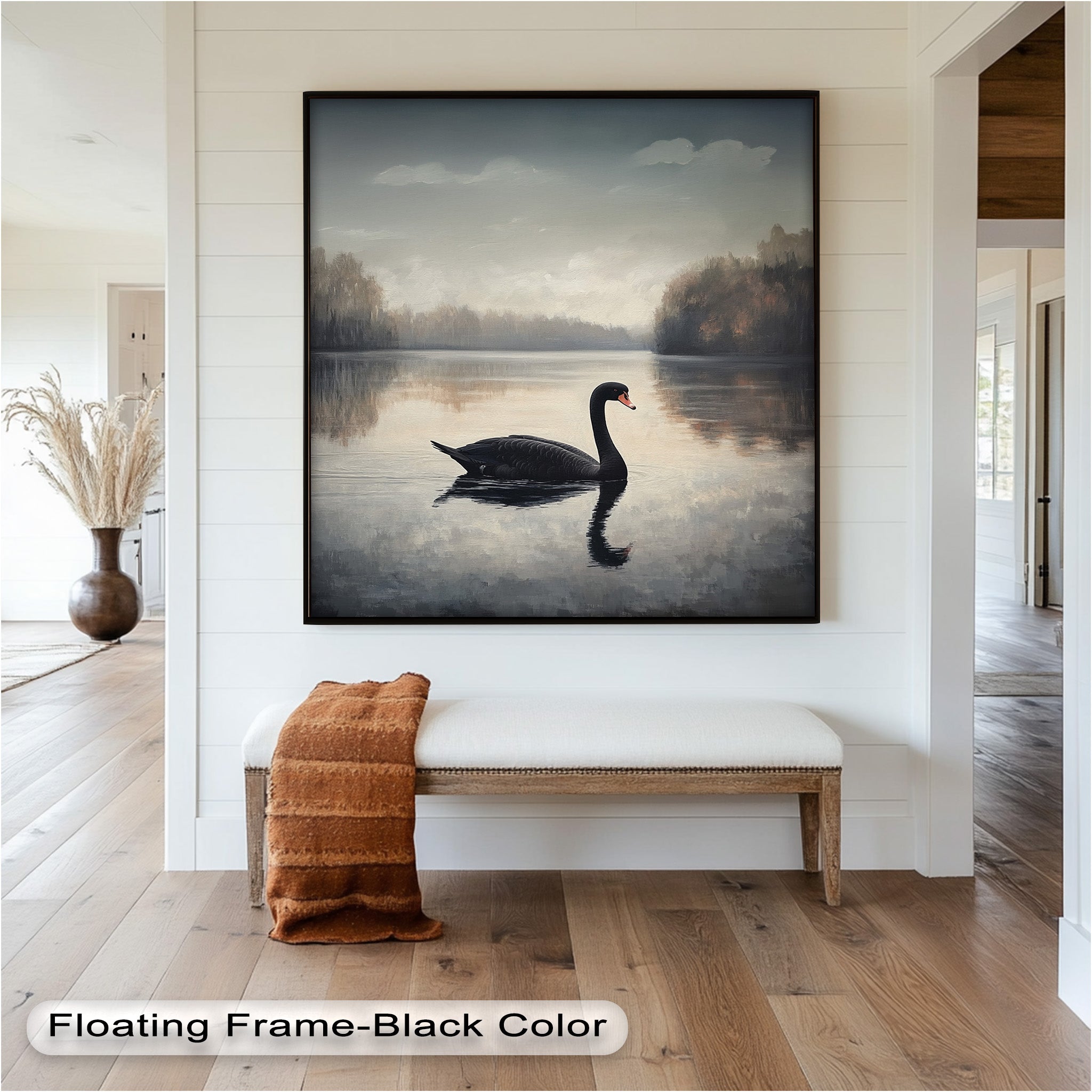 Black Swan at Dusk - Hand Painted Lake Landscape Oil Canvas Artwork - Perfect for Living Room, Bedroom, or Office Wall Decor