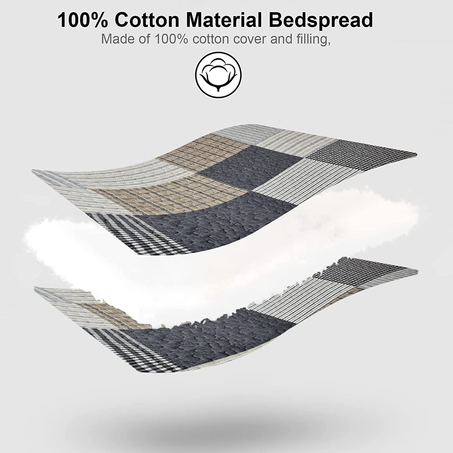 PANGUSHAN 100% Cotton Twin Size Quilt Set - Reversible Lightweight Patchwork Plaid Comforter in Gray/Black/Tan/White/Cream - 2 Piece Bedding Set for Boys Girls Teens Dorm Room & Guest Bed