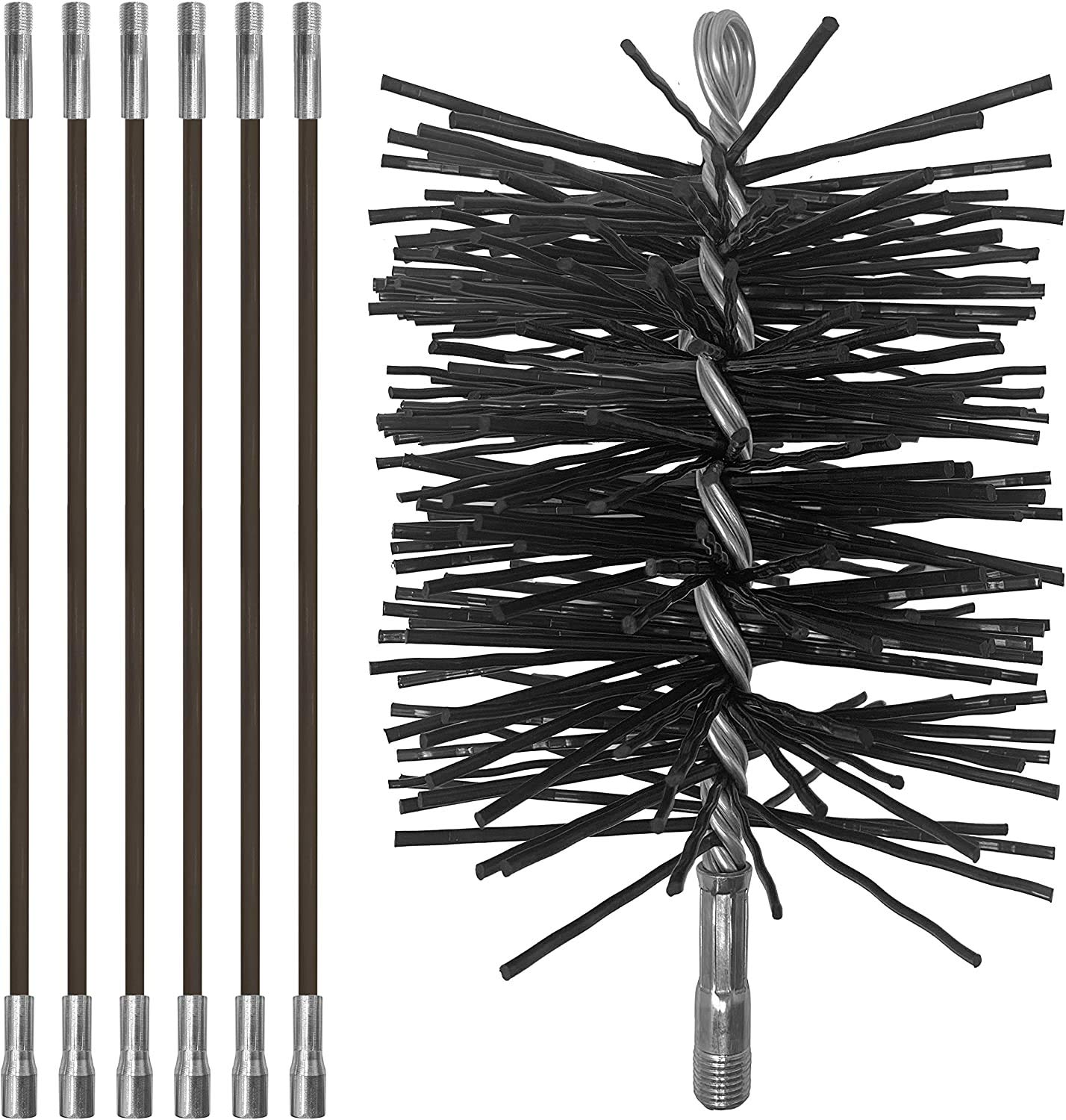 18ft Chimney Cleaning Kit - 6x3ft Fiberglass Rods & 6in Poly Brush for Fireplace Maintenance