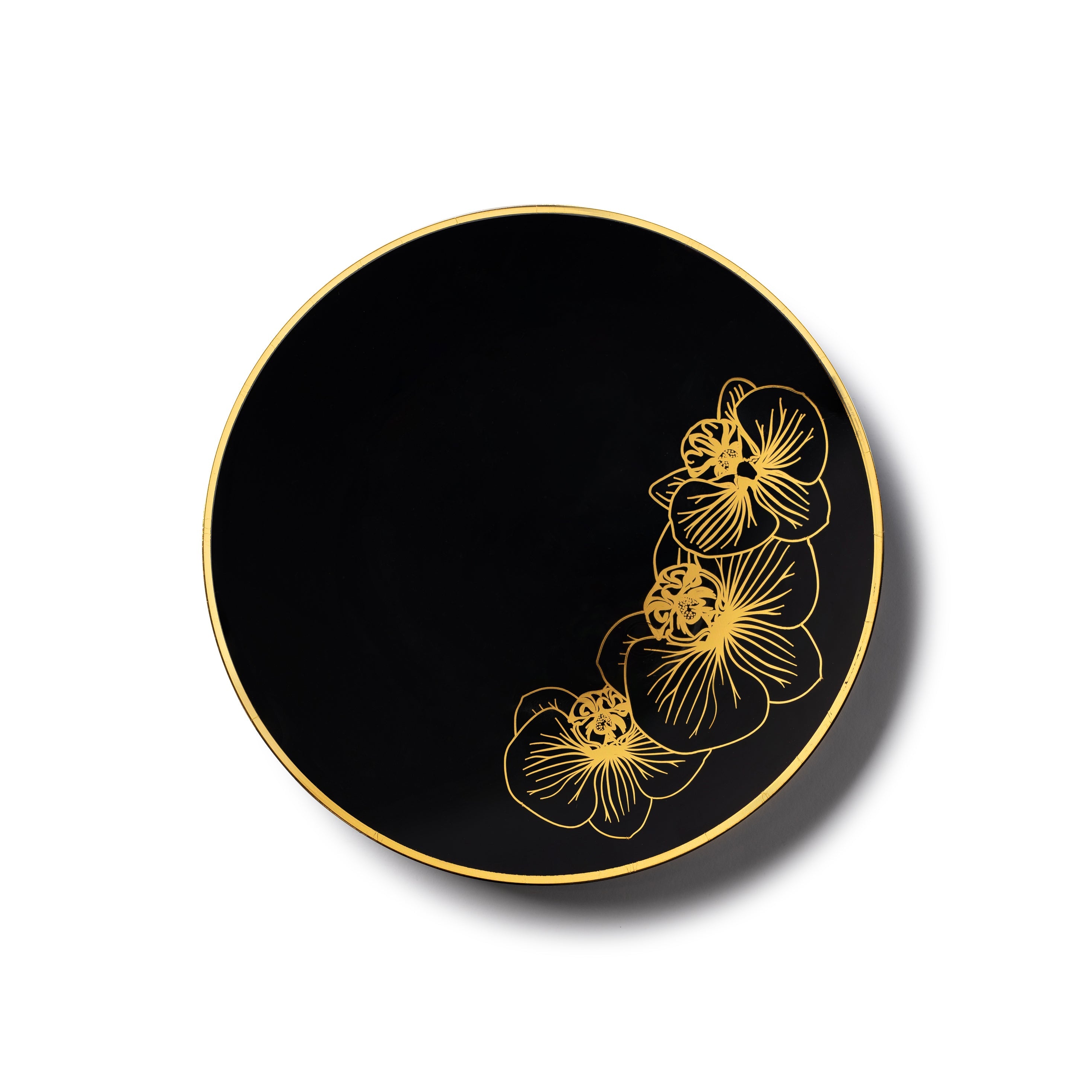 Elegant Black and Gold Round Plastic Plates for Parties, Weddings, and Events - Orchid Floral Design - Durable and Stylish Disposable Dinnerware for Home, Outdoor, and Special Occasions
