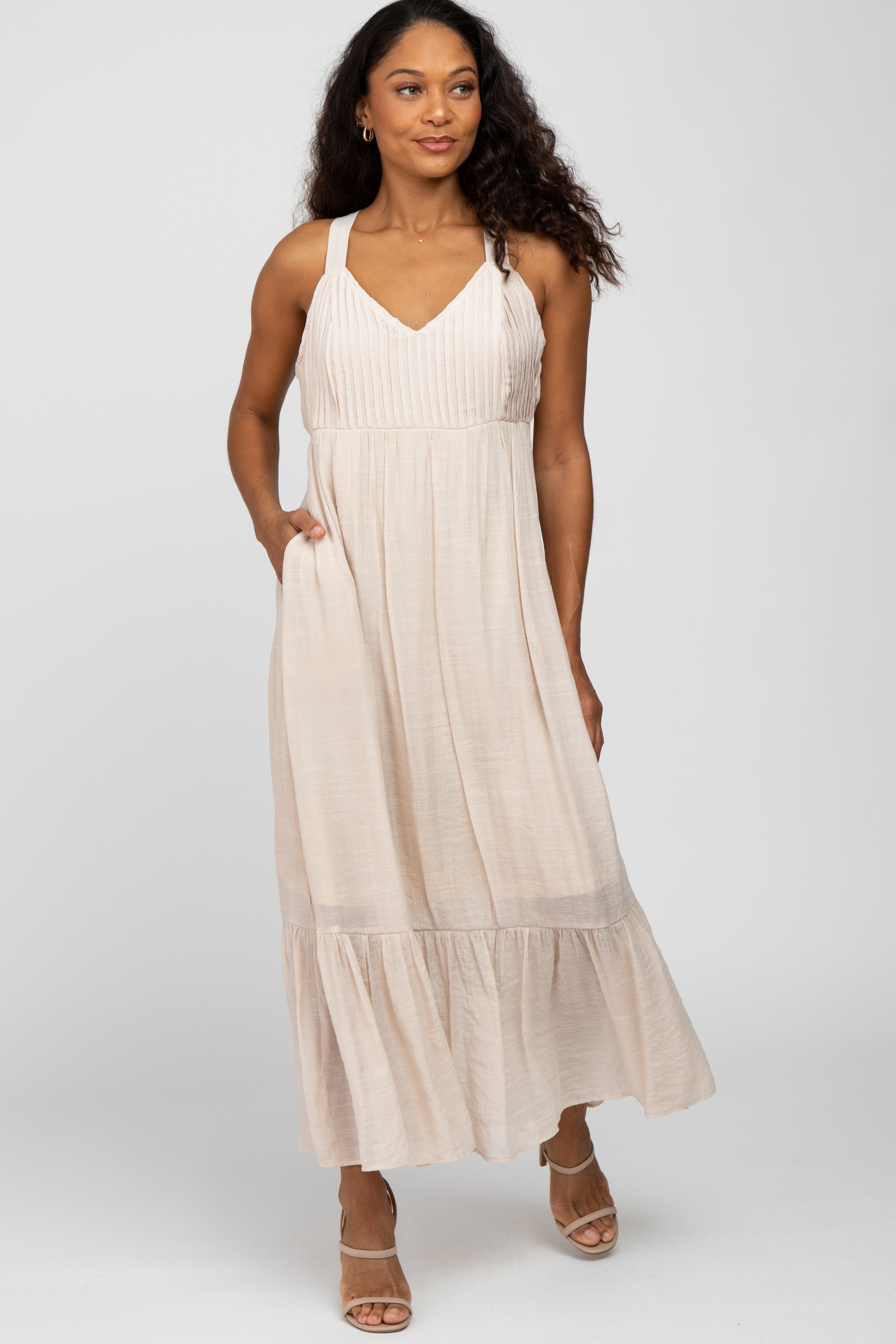 Beige Pintucked Maternity Maxi Dress for Women - Comfortable Pregnancy Dress for Baby Shower, Photoshoot & Special Occasions