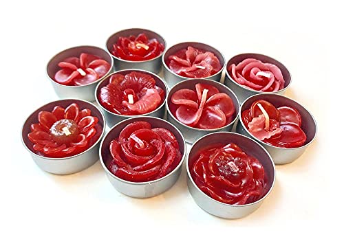 Sunne Tropical Flower Tealight Candles - 10-Pack Floral Scented Tea Lights for Birthday Parties, Weddings, Baby Showers & Home Decor (Red, Assorted Flowers) - Create Romantic Ambiance for Dinners, Spa Nights & Relaxation