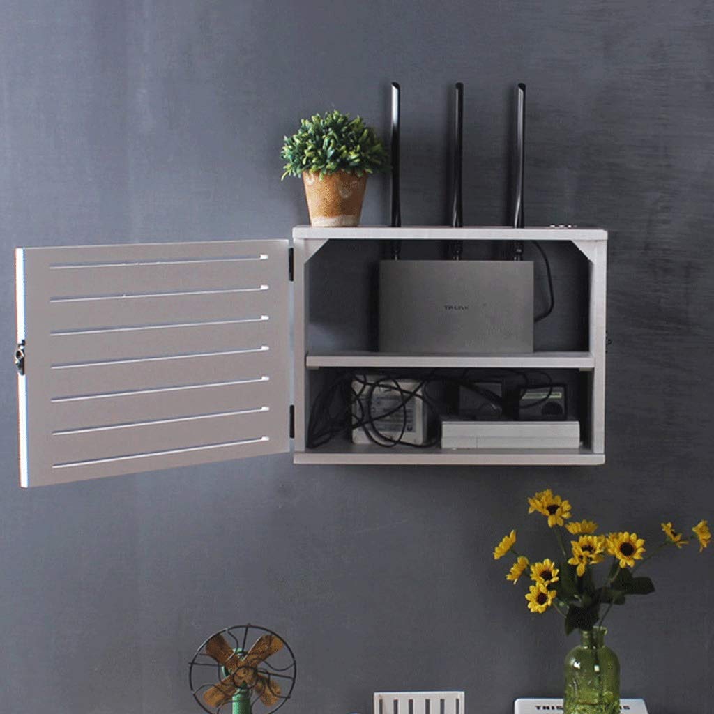 White Wireless Router Storage Shelf - Wall-Mounted WiFi Router Organizer Box with Cable Management & Socket Cover, Floating Shelf (40cm Inner Diameter) - Perfect for Home Office & Living Room Network Setup