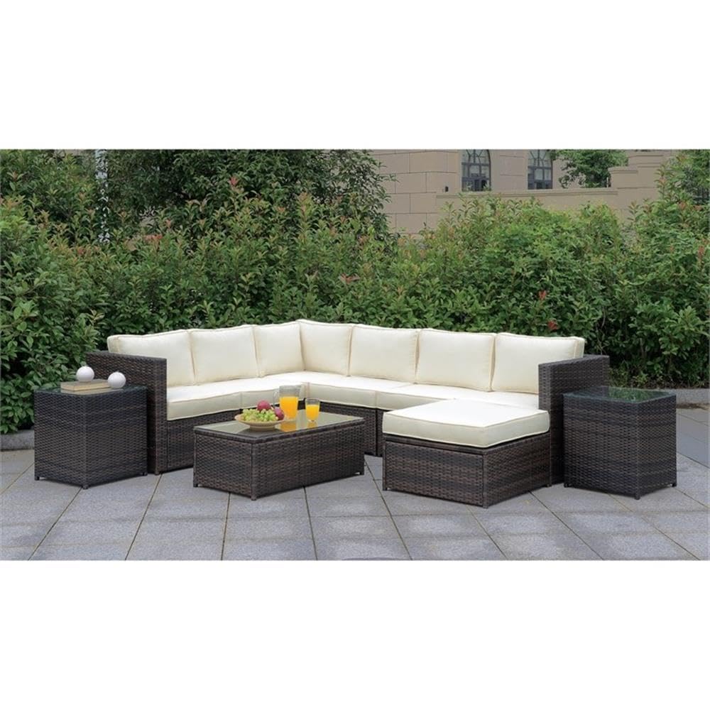 Furniture of America Daley Rattan Outdoor Sectional Sofa Set - 5-Piece Brown Wicker Patio Furniture for Backyard, Poolside & Garden Lounge