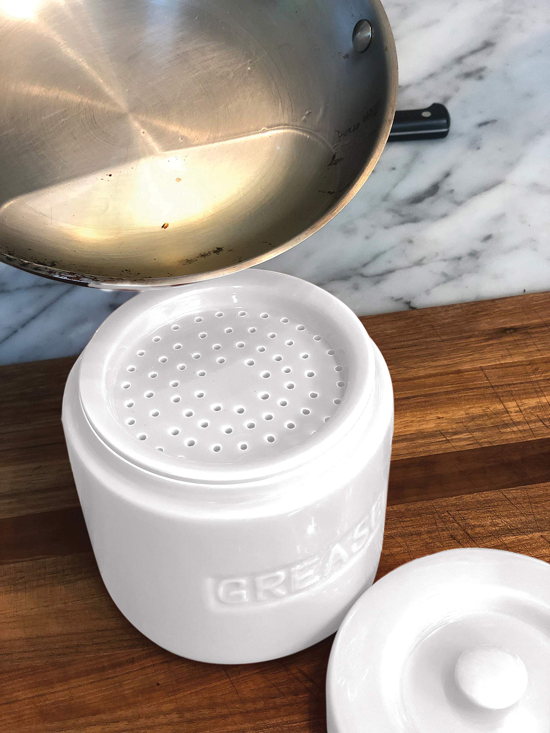 Fox Run 6238 Porcelain Grease Container - White | Durable Kitchen Grease Keeper for Cooking, Frying & Baking | Perfect for Restaurants, Home Kitchens & Outdoor BBQs