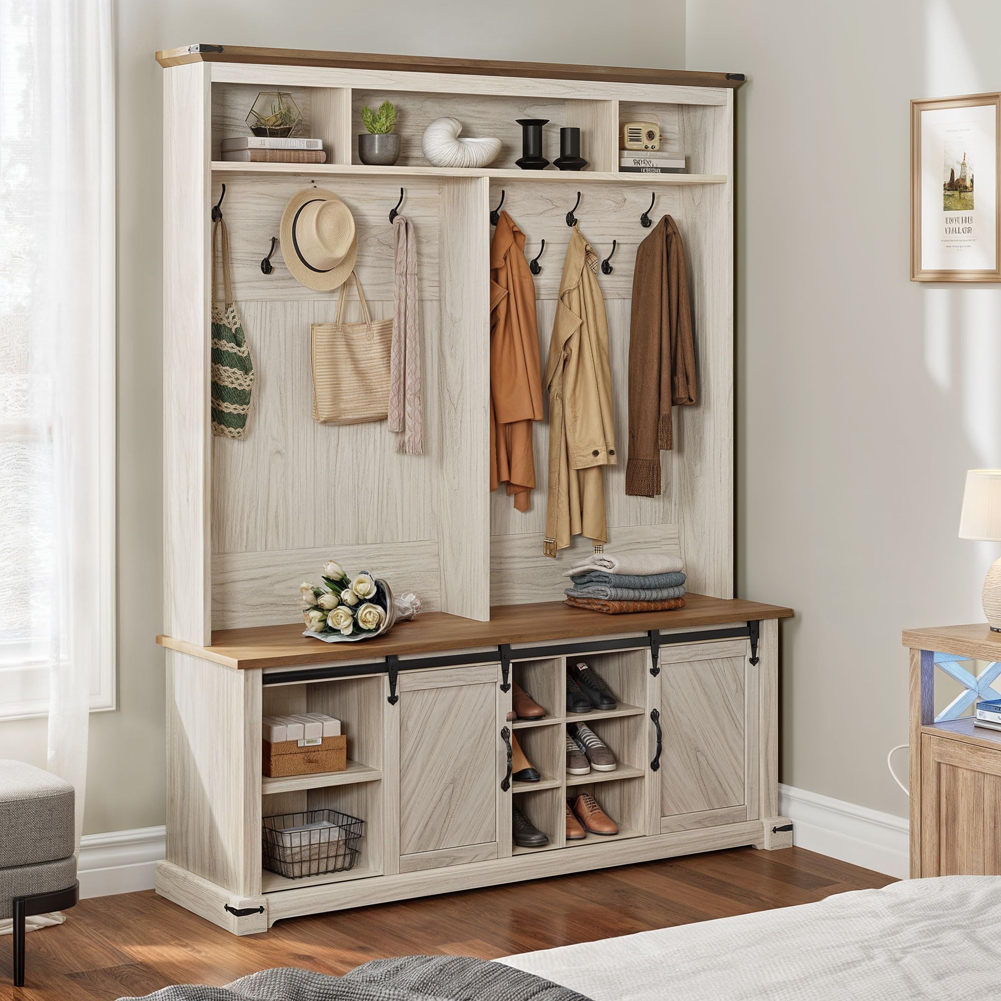 YITAHOME Farmhouse Entryway Bench with Coat Rack, Shoe Storage & 10 Hooks - Rustic Hall Tree Organizer with Sliding Barn Doors & 13 Shoe Compartments - Perfect for Mudroom, Foyer & Small Space Entryway Organization