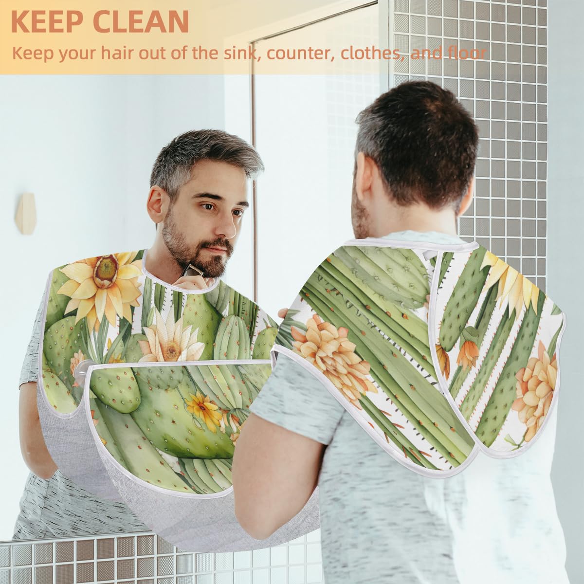 Cactus Summer Daisies Beard Shaving Bib for Men - Waterproof Hair Dye Apron & Makeup Cape for Barber Styling, Sink Hair Catcher for Beard Trimming & Lineup - Perfect for Home Grooming & Salon Use