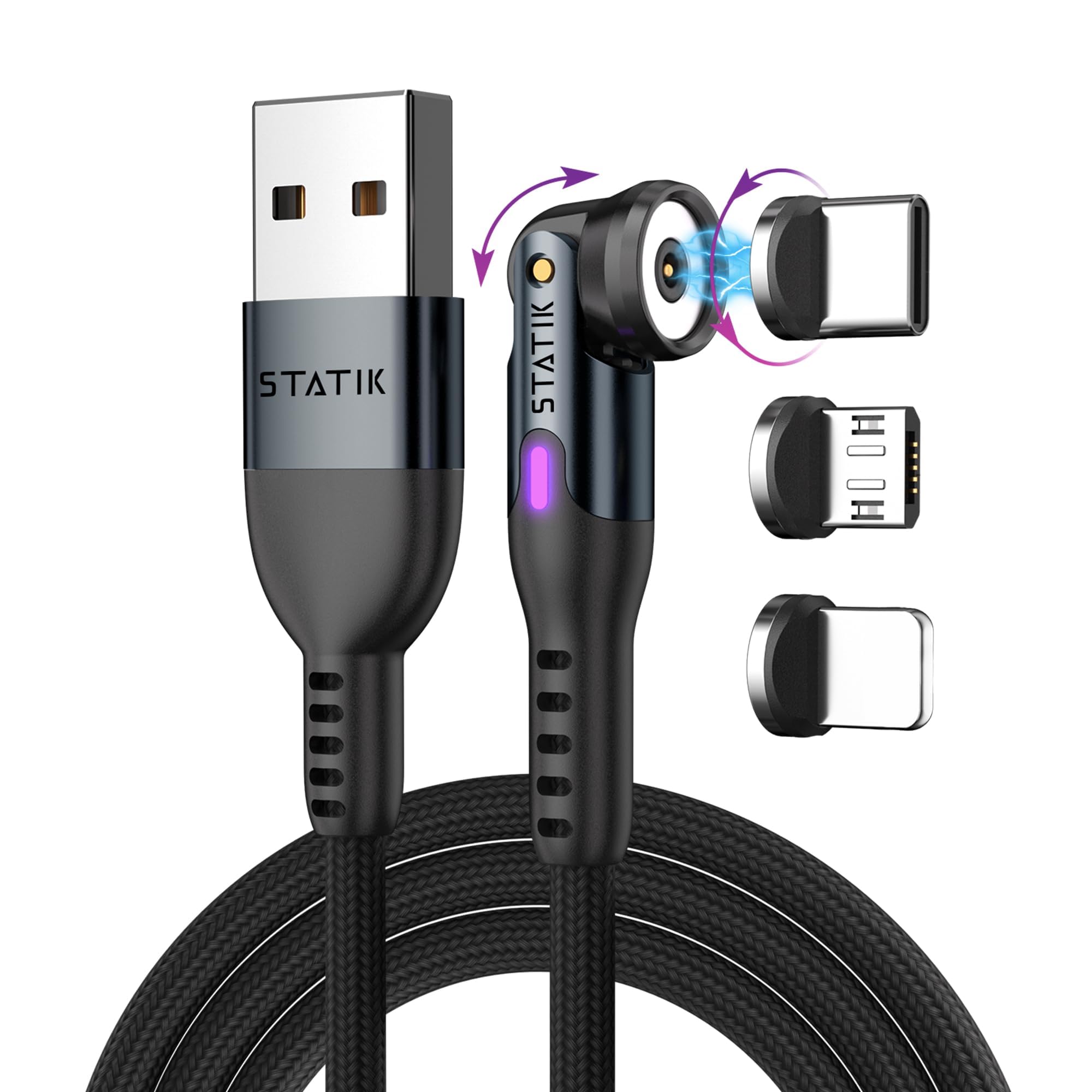 Statik 360 Rotating Magnetic Charging Cable - 6FT/2M Fast Charging USB C Cable with 3 Magnetic Tips (USB-C, Micro-USB, USB-A) for iPhone, Android, Smartphones - Perfect for Home, Office & Travel Use