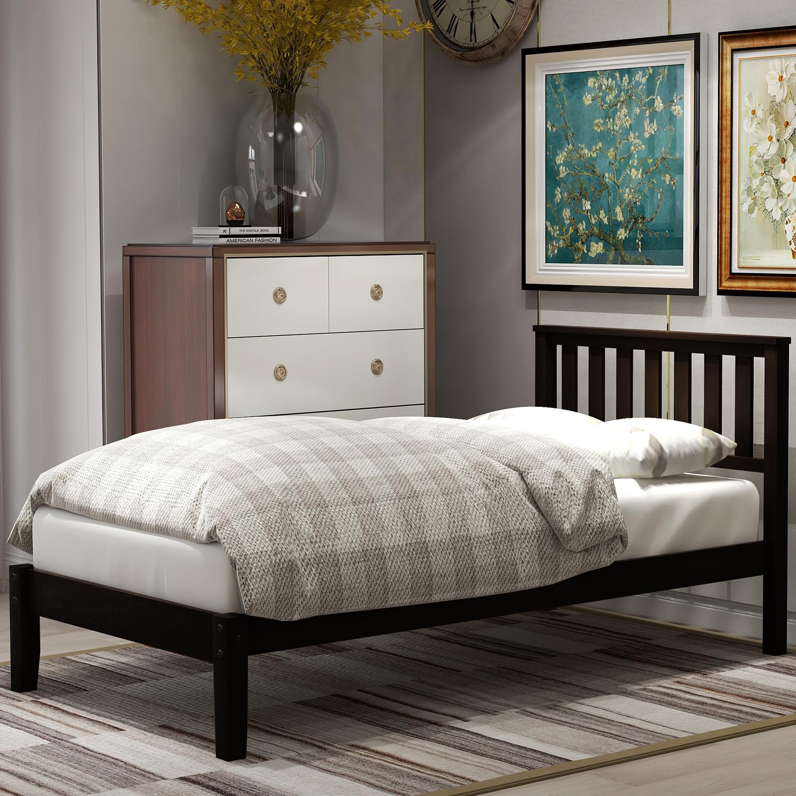 **Twin Size Solid Wood Platform Bed Frame with Headboard - Modern Simple Design, Sturdy Salt Support, Noise-Free for Bedroom - Ideal for Boys, Girls, Adults & Teens - Under Bed Storage - Espresso Finish - Perfect for Small Spaces, Guest Rooms & Kids' Bedrooms**