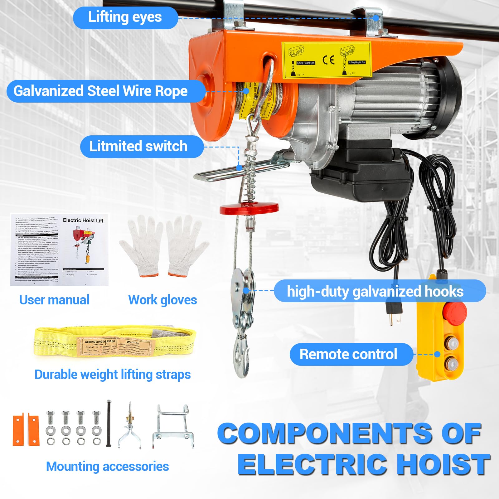 1500lbs Electric Hoist Winch with Remote Control - 110V/120V Automatic Lift Crane with 6.56ft Handle Wire & Emergency Stop - Perfect for Garage, Warehouse, Ceiling & Factory Use