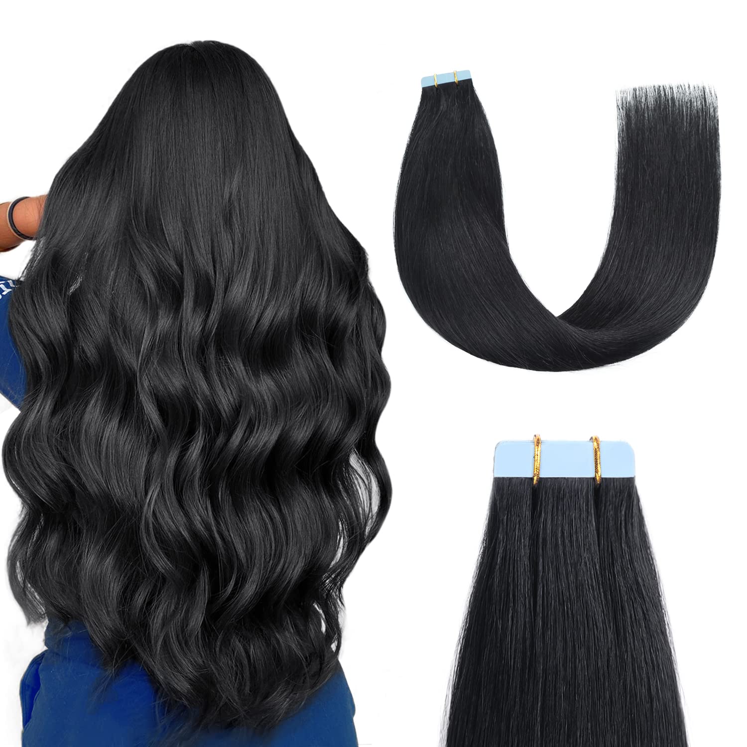 Sunya 28-Inch Jet Black Tape in Hair Extensions - 100% Human Hair, Straight, #1 Color, 60g/20Pcs - Perfect for Length & Volume, Styling, Weddings & Daily Wear