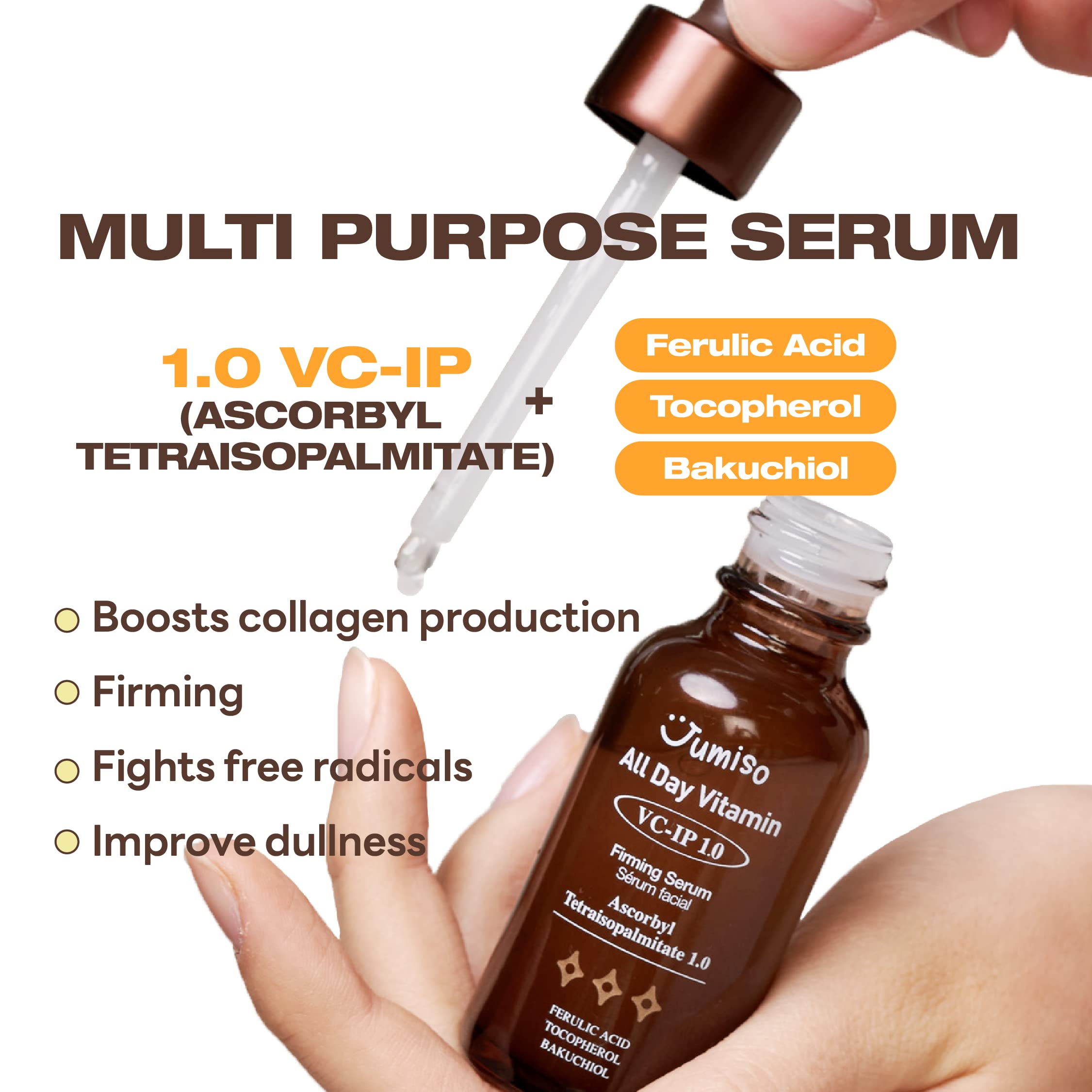JUMISO All Day VC-IP 1.0 Firming Serum 30ml - Vitamin C Brightening Face Serum with Collagen Boost, Aronia Extract & Bakuchiol for Fine Lines & Wrinkles - Hydrating Anti-Aging Skincare for Day & Night Use