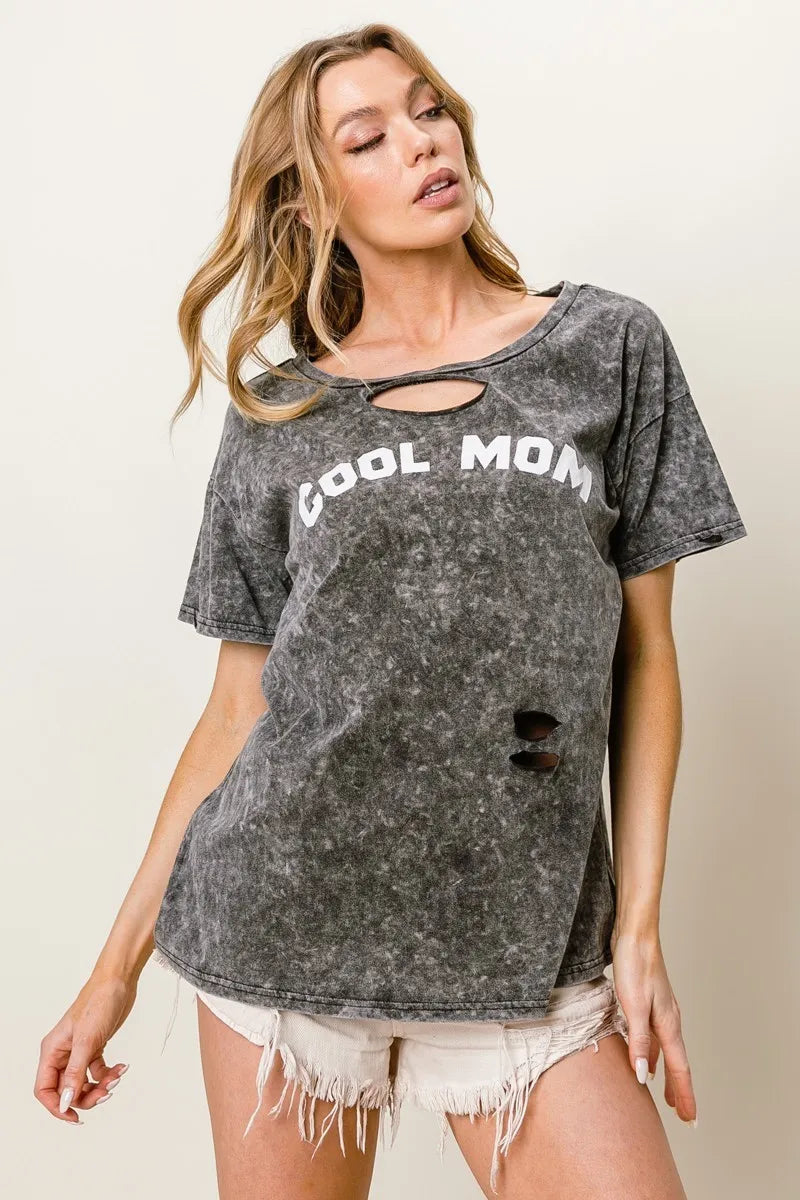 Stylish BiBi Washed Laser Cut Detail Cool Mom Print Top - Trendy Women's Casual T-Shirt for Everyday Wear, Outings & Family Gatherings