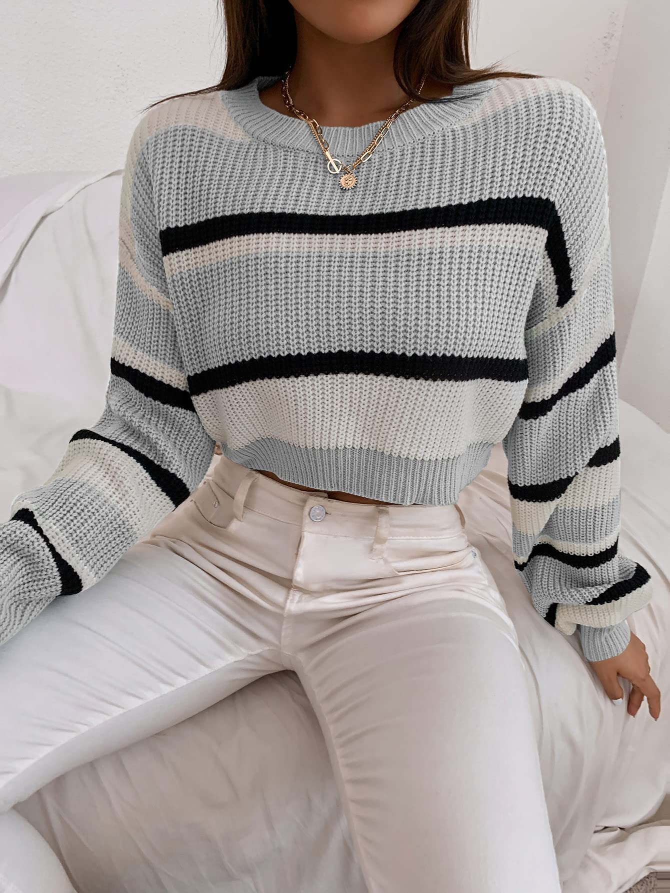 ZAFUL Women's Color Block Striped Cropped Sweater - Crew Neck Lantern Sleeve Loose Knit Top for Casual Wear | Perfect for Fall Outfits, Date Nights & Cozy Layering