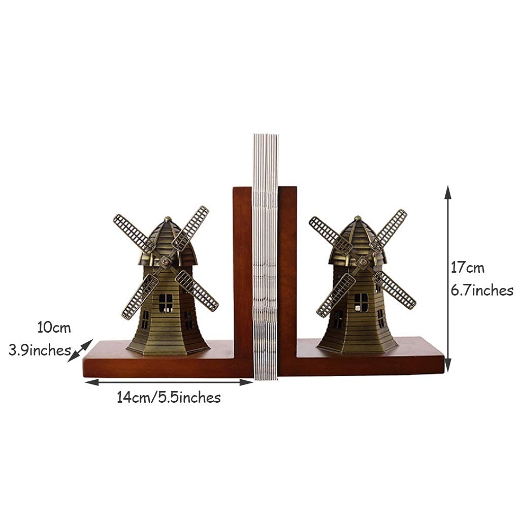 Stylish Wooden Bookends for Study & Office - Adjustable Non-Slip Book Holders, Windmill Design Desktop Decor (Brown, 14x10x17cm, Set of 2) - Perfect for Bookshelves, Home Decor & Workspace Organization