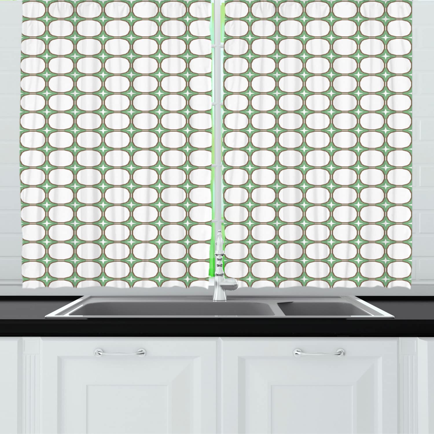 Ambesonne Geometric Long Kitchen Curtains - Abstract Star & Circle Pattern Drapes with Rod Pocket, 55x45 Inches, Laurel Green Taupe White - Modern Window Treatment for Dining Room & Home Decor