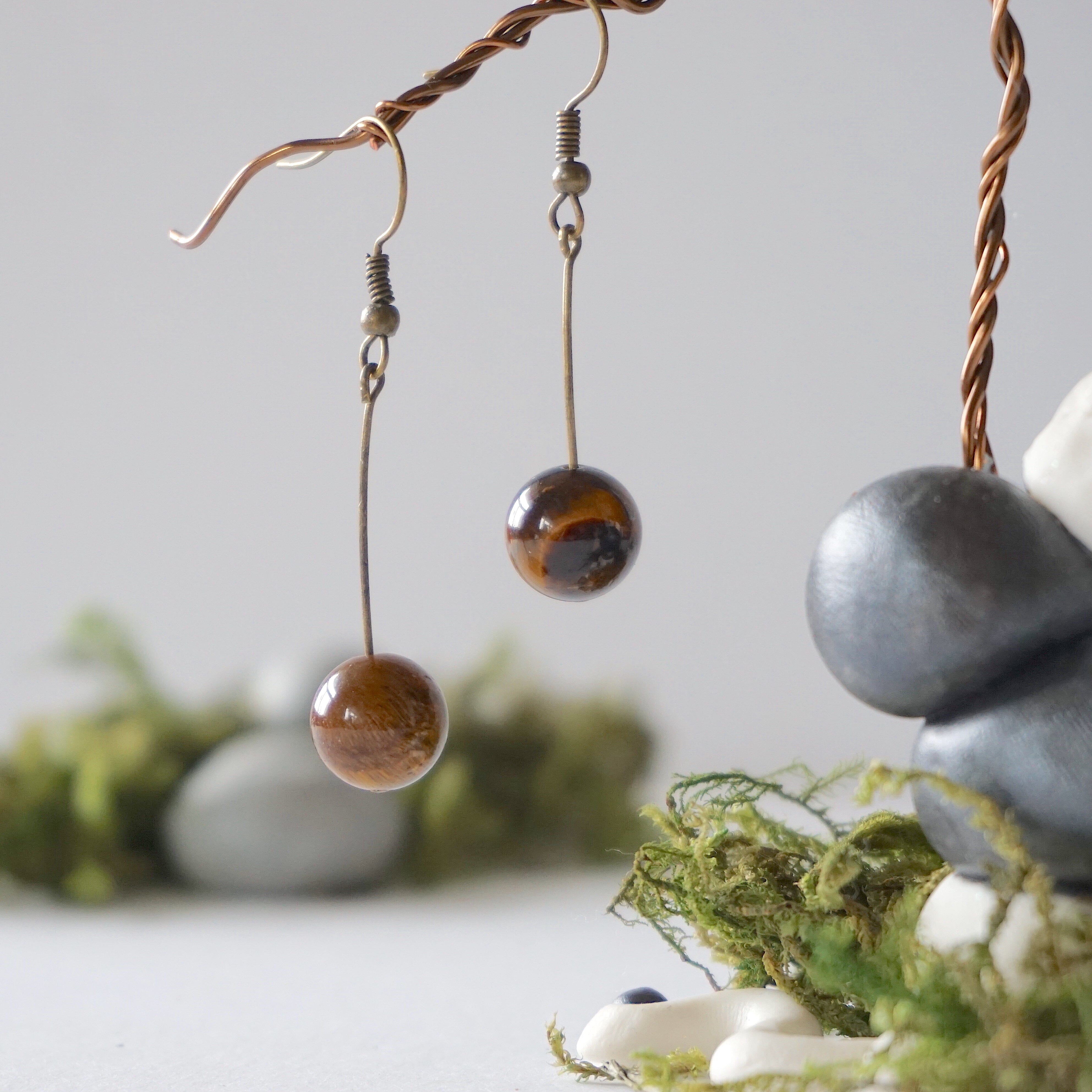 Tiger's Eye Bead Drop Earrings in Antique Bronze - Elegant Dangle Jewelry for Women | Perfect for Office, Party & Special Occasions