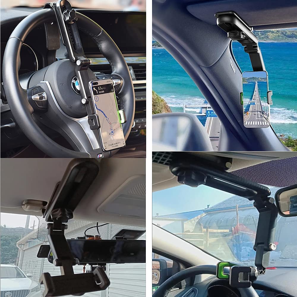 Universal Adjustable Car Phone Holder Mount - Sun Visor, Rearview Mirror & Steering Wheel Compatible - Multi-Angle Phone Stand for Safe Driving - Perfect for GPS Navigation, Hands-Free Calls & Road Trips