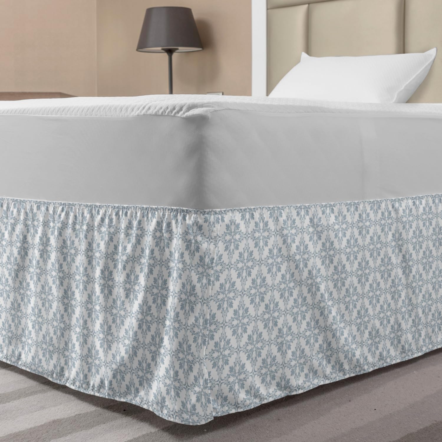 Ambesonne Floral Elastic Bed Skirt - Vintage Interconnected Flower Design on Plain Backdrop, Wrap Around Dust Ruffle for Full Size Beds (White Pale Purple Blue) | Perfect for Bedroom Decor, Guest Rooms & Cozy Home Styling