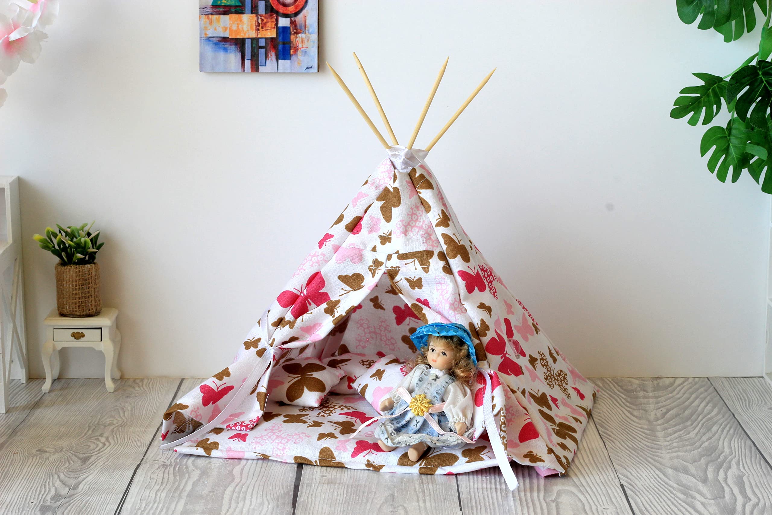 1:12 Scale Miniature Teepee Tent - Pink Dollhouse Play Tent with Mat & Pillows | Perfect for Dolls, Collectibles & Kids Pretend Play