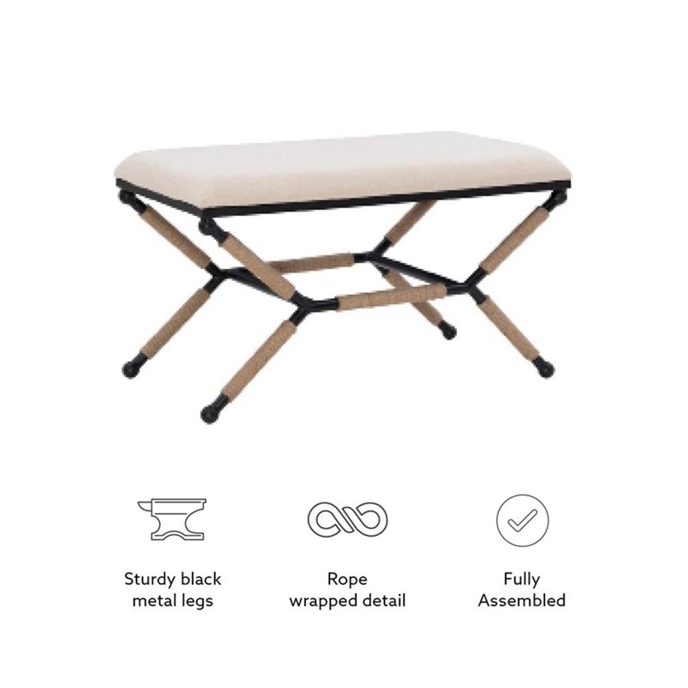 Linon Anna Campaign Accent Bench - Black Metal Legs with Cream Rope Detail - Perfect for Entryway, Bedroom or Living Room Decor