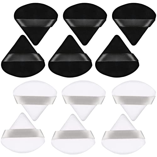 AKOFIC 12-Piece Pure Cotton Powder Puff Set - Soft Triangle Wedge Makeup Sponges for Loose, Mineral & Body Powder | Velour Cosmetic Foundation Blending Tool with Strap | Perfect for Professional Makeup & Travel Touch-Ups