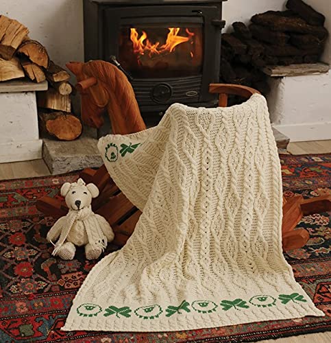 SAOL 100% Merino Wool Baby Blanket - Soft Kids Bedding Throw with Adorable Sheep & Shamrock Design - Perfect for Nursery, Stroller, and Cuddle Time