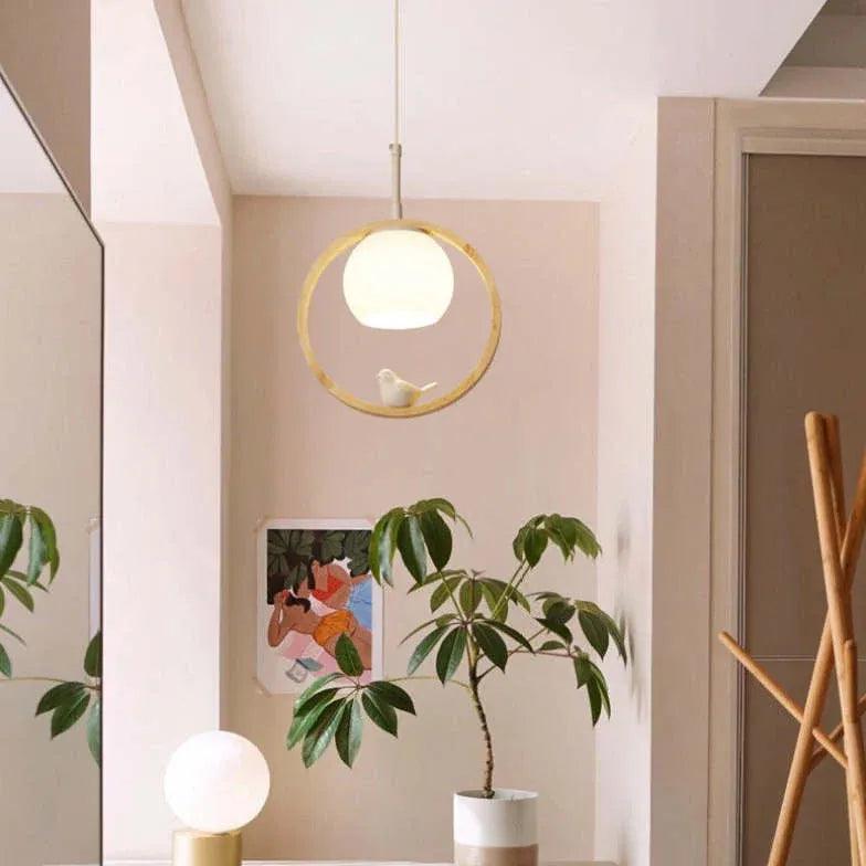 Modern Round Wooden Pendant Light for Dining Room - Handcrafted Bird Design Ceiling Lamp - Perfect for Kitchen Island, Breakfast Nook & Farmhouse Decor