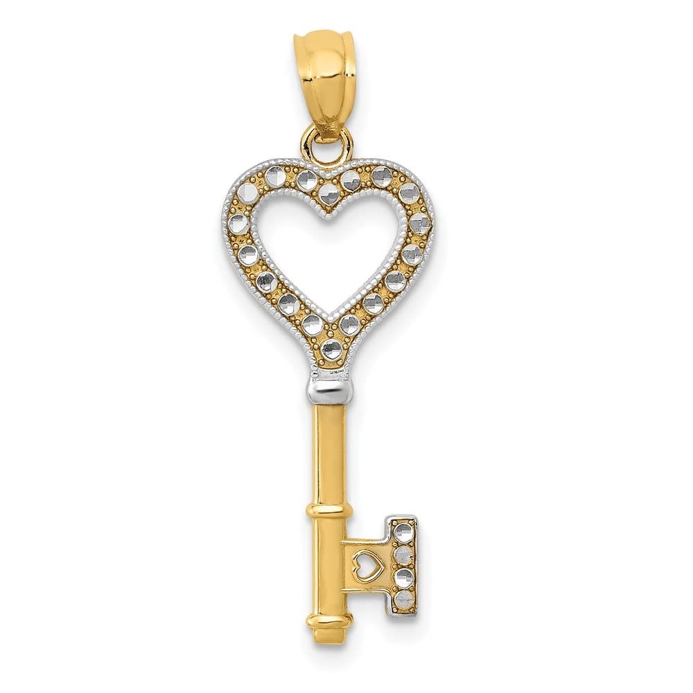 14K Yellow Gold Heart Key Charm Pendant with White Rhodium Plating - Elegant Fine Jewelry for Women | Perfect for Valentine's Day Gifts, Anniversary Presents & Everyday Wear