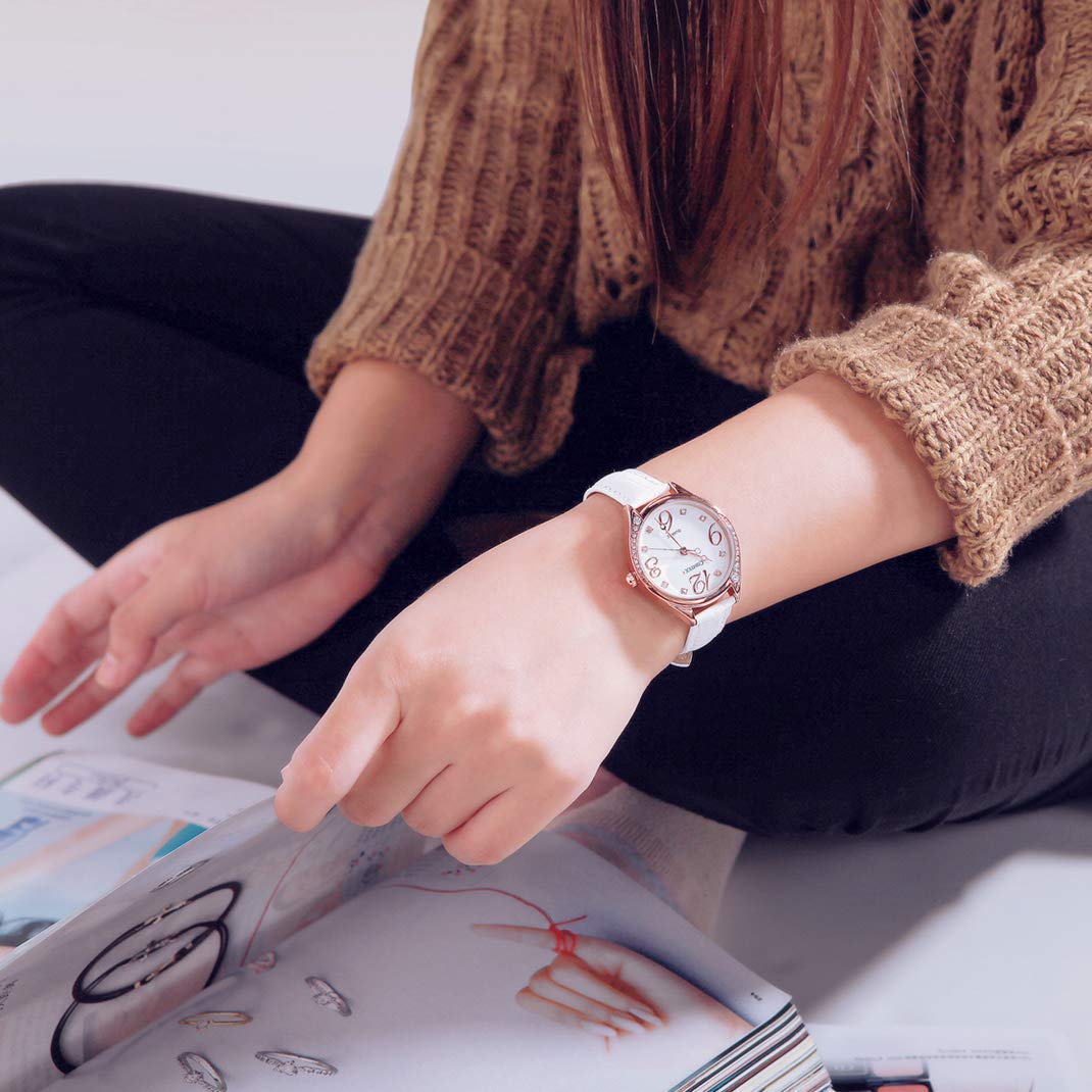 COMTEX Women's Watches with Large White Dial, Rose Gold Tone, White Leather Strap - Elegant Fashion Watch for Ladies, Perfect for Office, Party & Everyday Wear