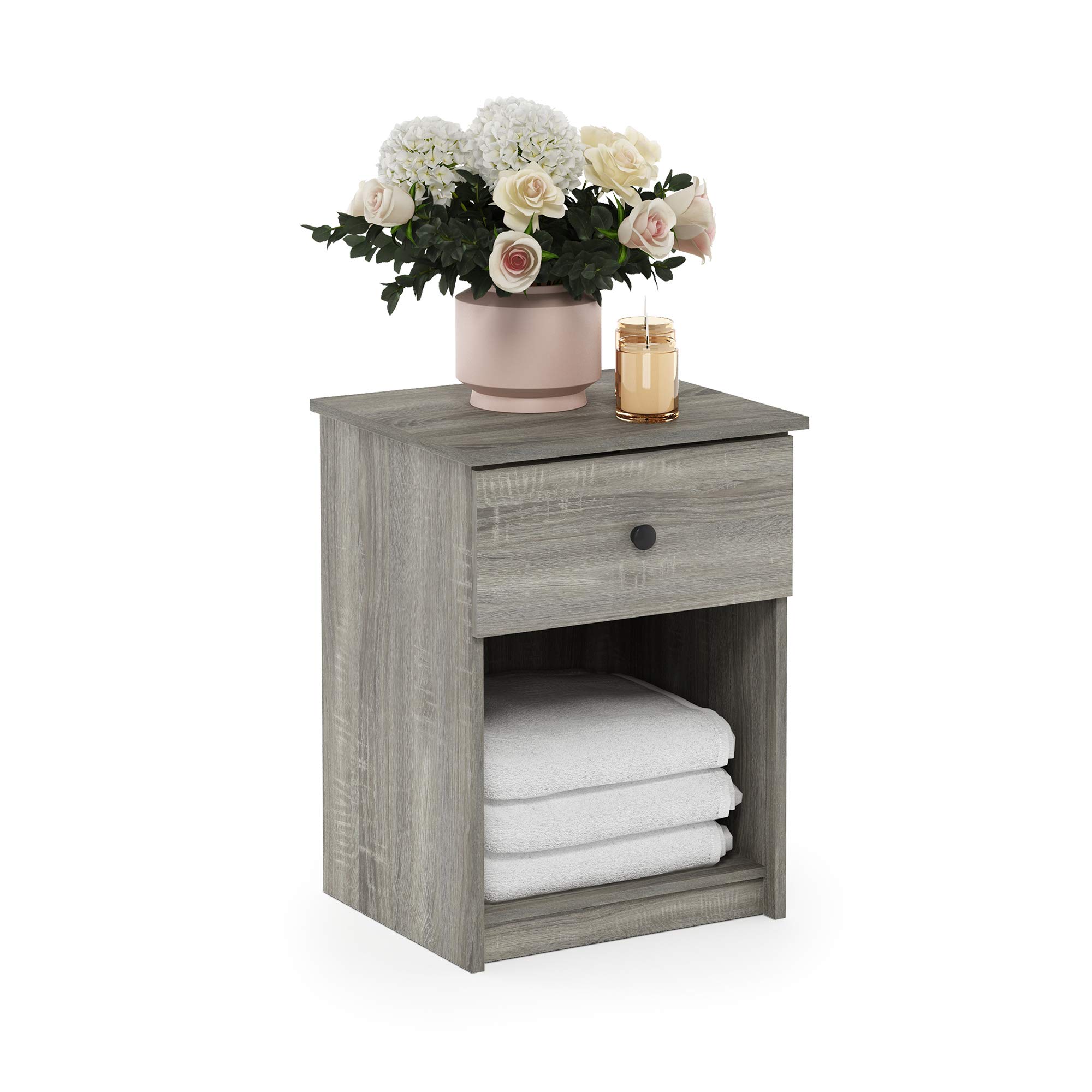 Furinno Tidur Nightstand, 1-Pack, French Oak Grey - Modern Bedside Table with Storage Shelf for Bedroom, Living Room, or Dorm - Compact Night Stand with Easy Assembly