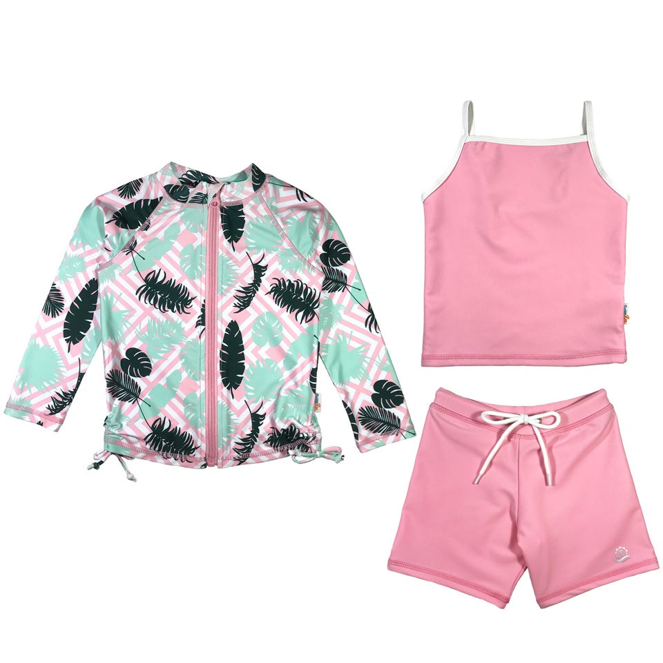 Girls Long Sleeve Rash Guard & Tankini Shorts Set - 3 Piece Swimwear for Kids | UPF 50+ Sun Protection | Beach, Pool & Water Activities