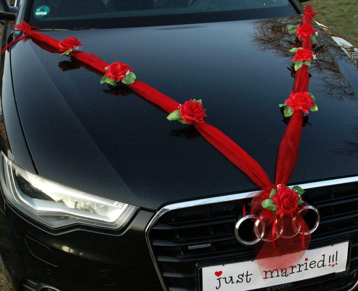 Elegant Red Organza Rose Car Decoration for Weddings - Bridal Couple Car Jewelry & Wedding Car Accessories - Perfect for Wedding Day, Anniversary & Romantic Celebrations