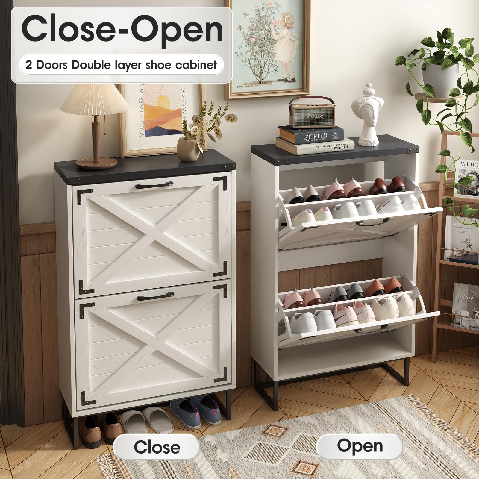 Maupvit 24 Inch Wide White Farmhouse Style Shoe Storage Cabinet - Freestanding Entryway Organizer with 2 Flip-Up Drawers, Narrow Shoe Rack with Decorative Metal Corners - Perfect for Small Spaces, Hallways and Closet Organization