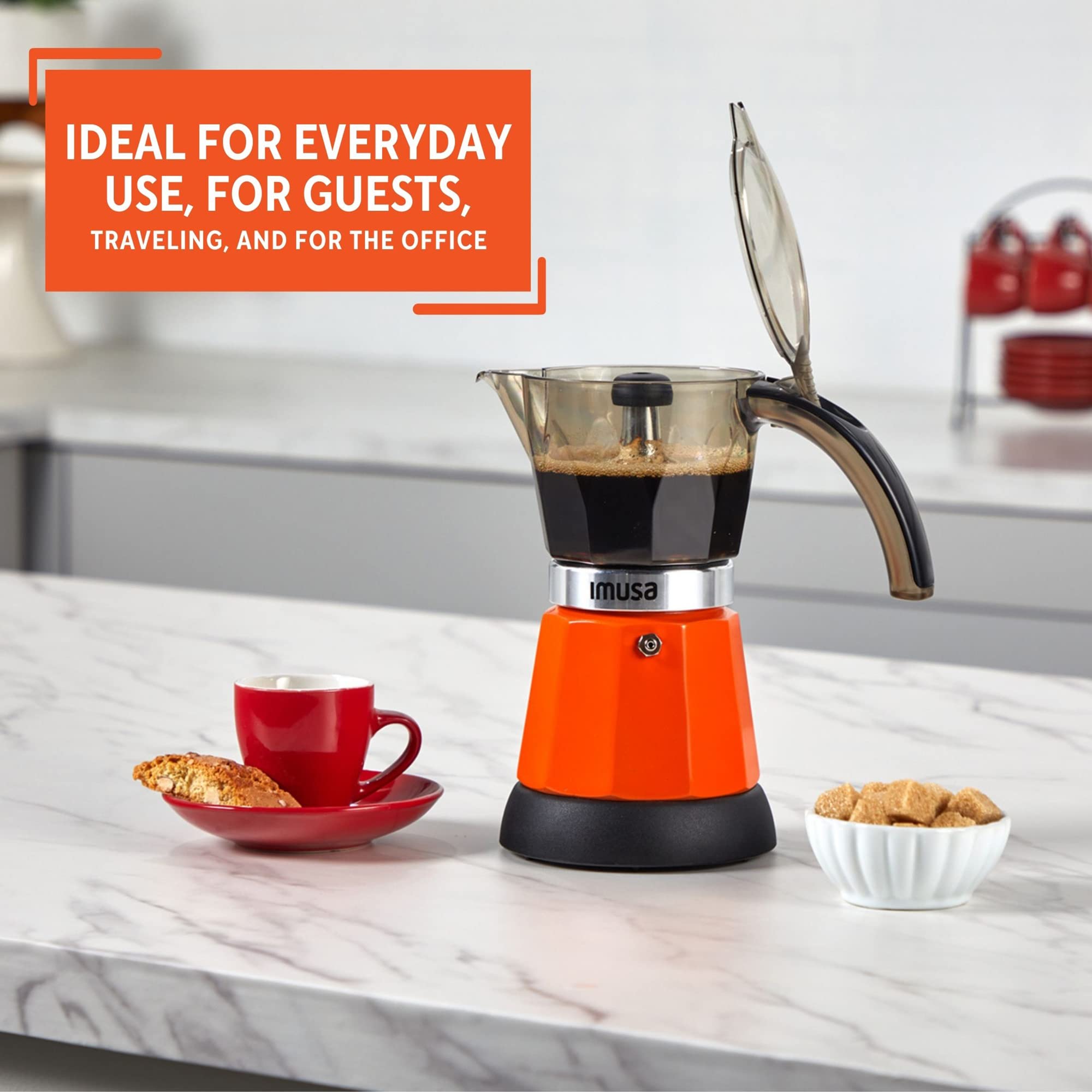 Imusa 6-Cup or 3-Cup Electric Espresso Coffee Maker Machine - Orange - Perfect for Home, Office & Small Kitchens