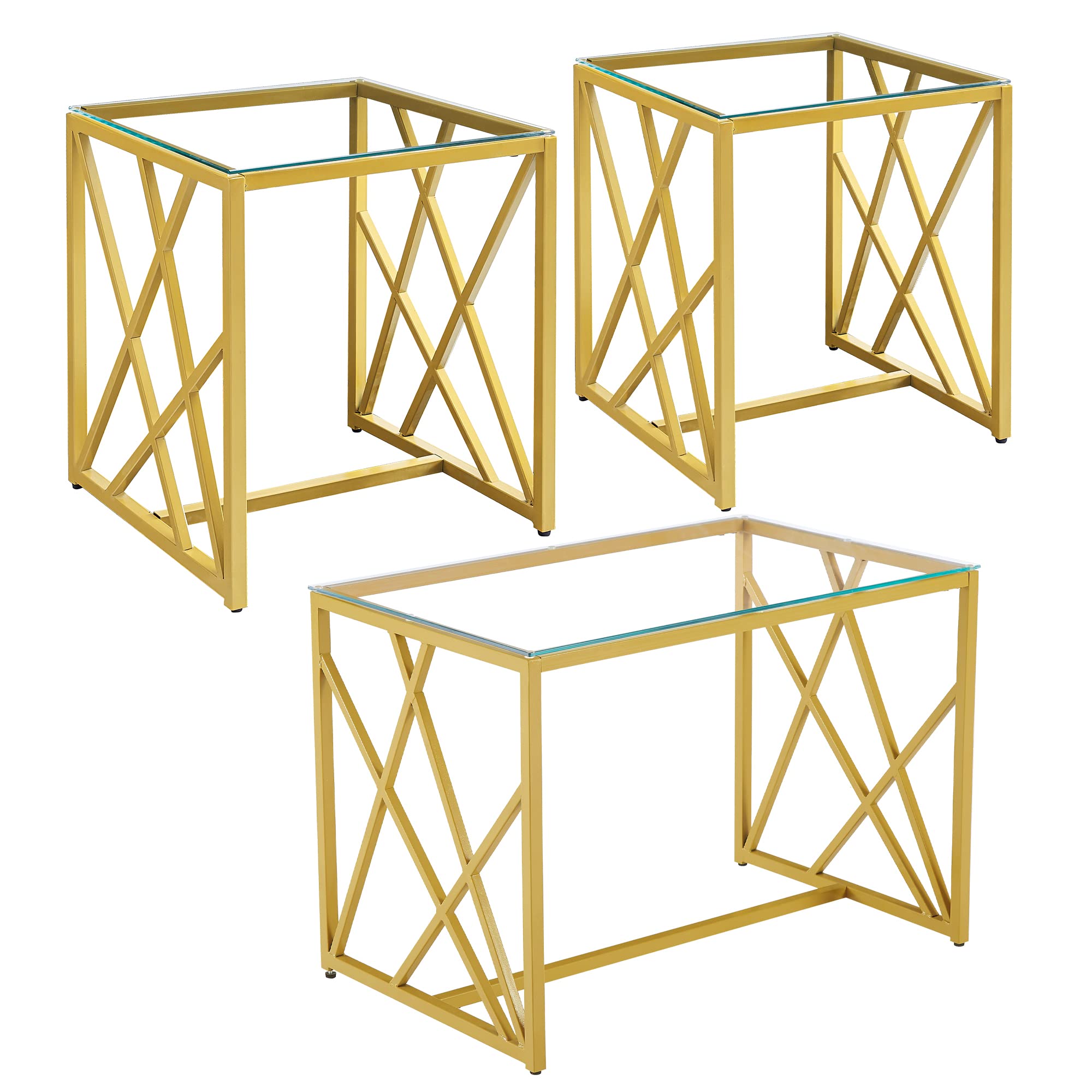 WISOICE 3-Piece Glass Coffee Table Set with Gold Metal Frame - Living Room Table, Side Table & Nightstand for Bedroom, Office or Lounge Decor