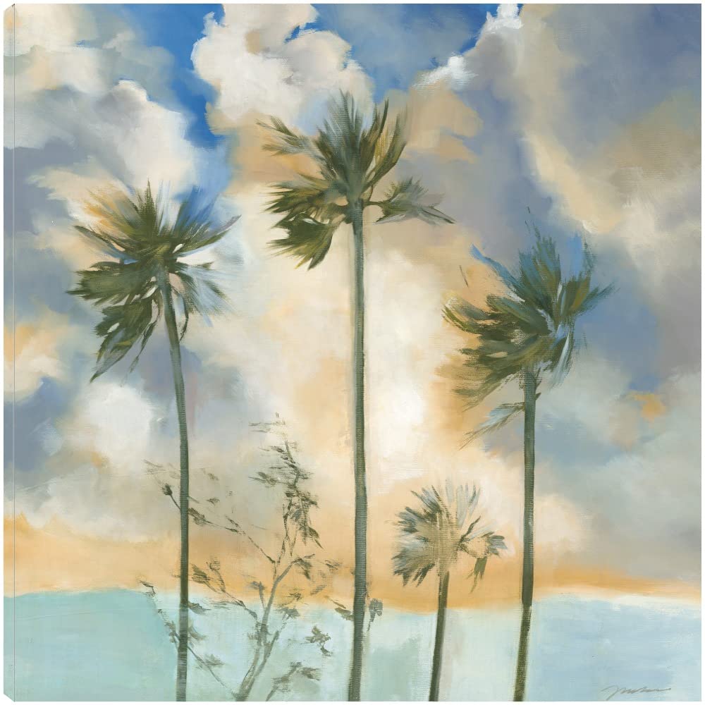 Liz Jardine 'Palms in the Wind' Fine Art Canvas Wall Decor - 32x32 Inch Ready-to-Hang Painting for Living Room, Bedroom, Office - Tropical Beach Landscape Artwork for Coastal & Boho Home Decor