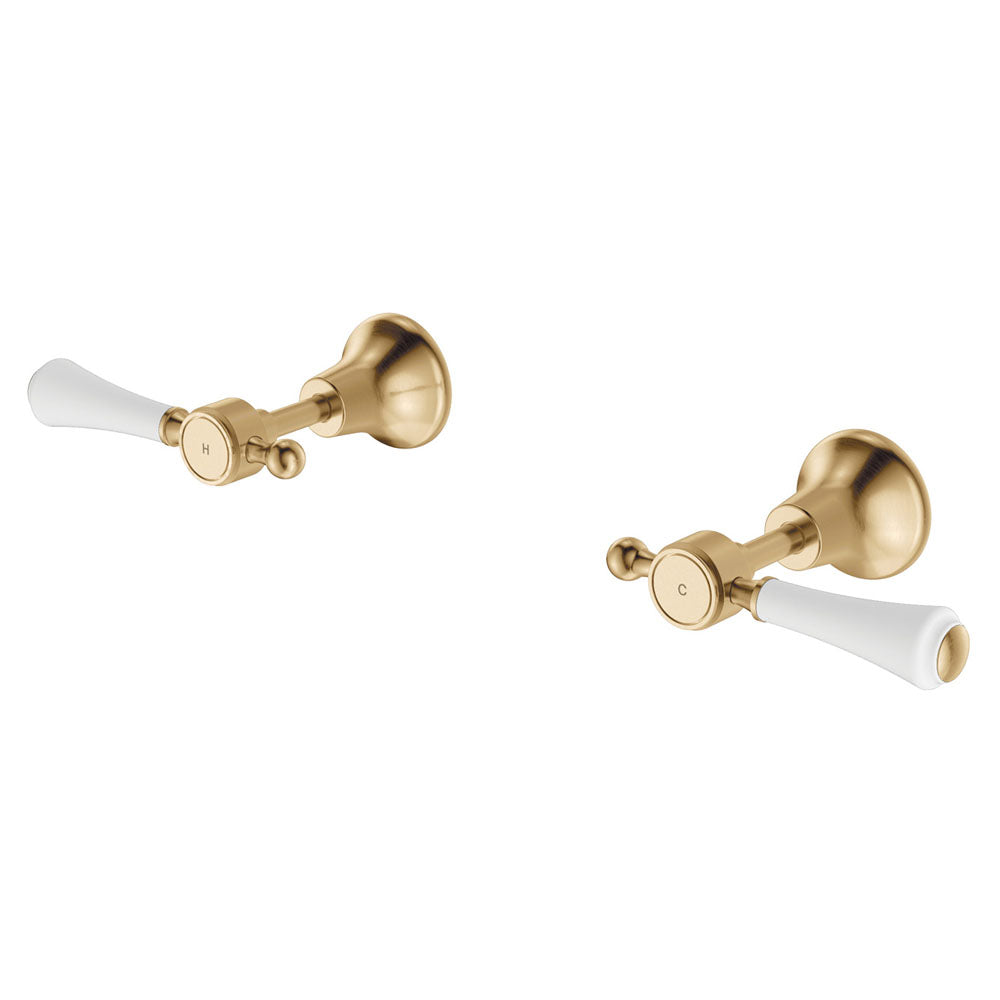 Fienza 339104UB Lillian Wall Top Assemblies - Urban Brass with Ceramic White Handles | Modern Bathroom Vanity Set for Small Spaces & Powder Rooms