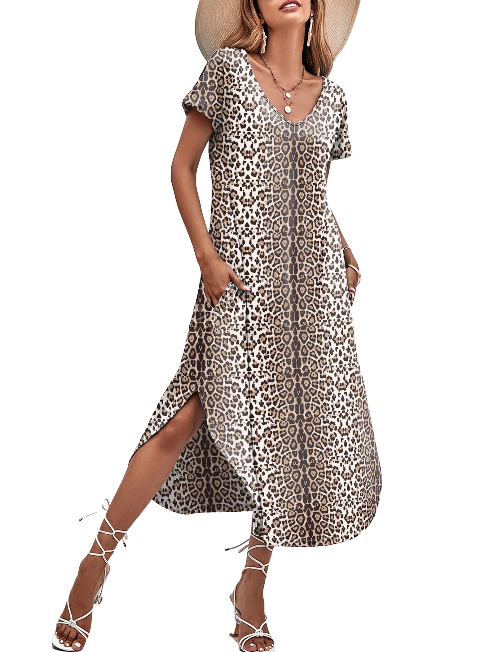Ekouaer Women's V-Neck Short Sleeve Nightgown - Soft Sleepwear with Side Split Pockets, Long Nightdress Sizes S-3XL - Perfect for Relaxing at Home, Lounging & Comfortable Sleep