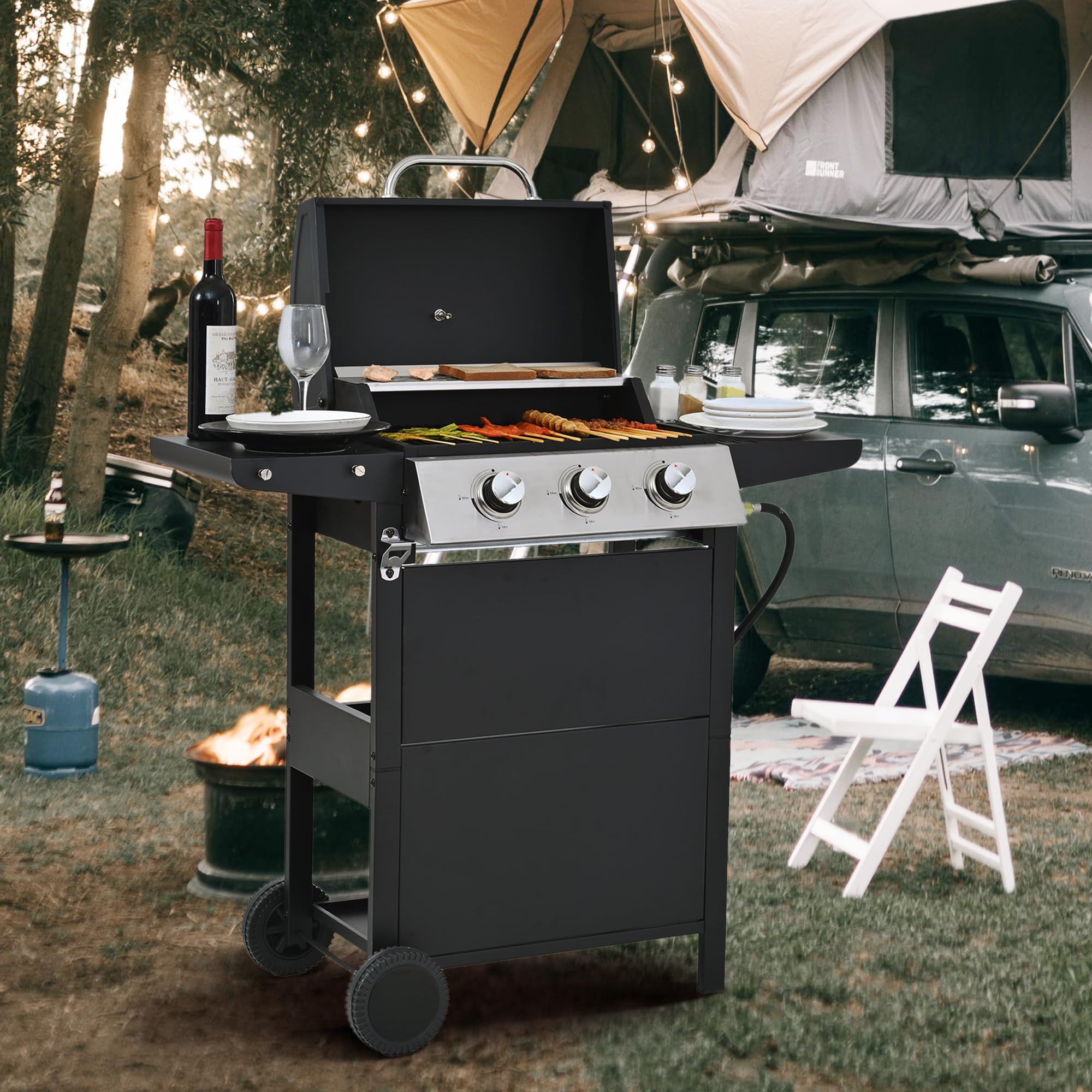 3 Burner Propane Gas Grill - Heavy-Duty Stainless Steel Outdoor BBQ Grill with Wheels & Cabinet Style | Perfect for Backyard Cooking, Garden Parties, and Tailgating Events