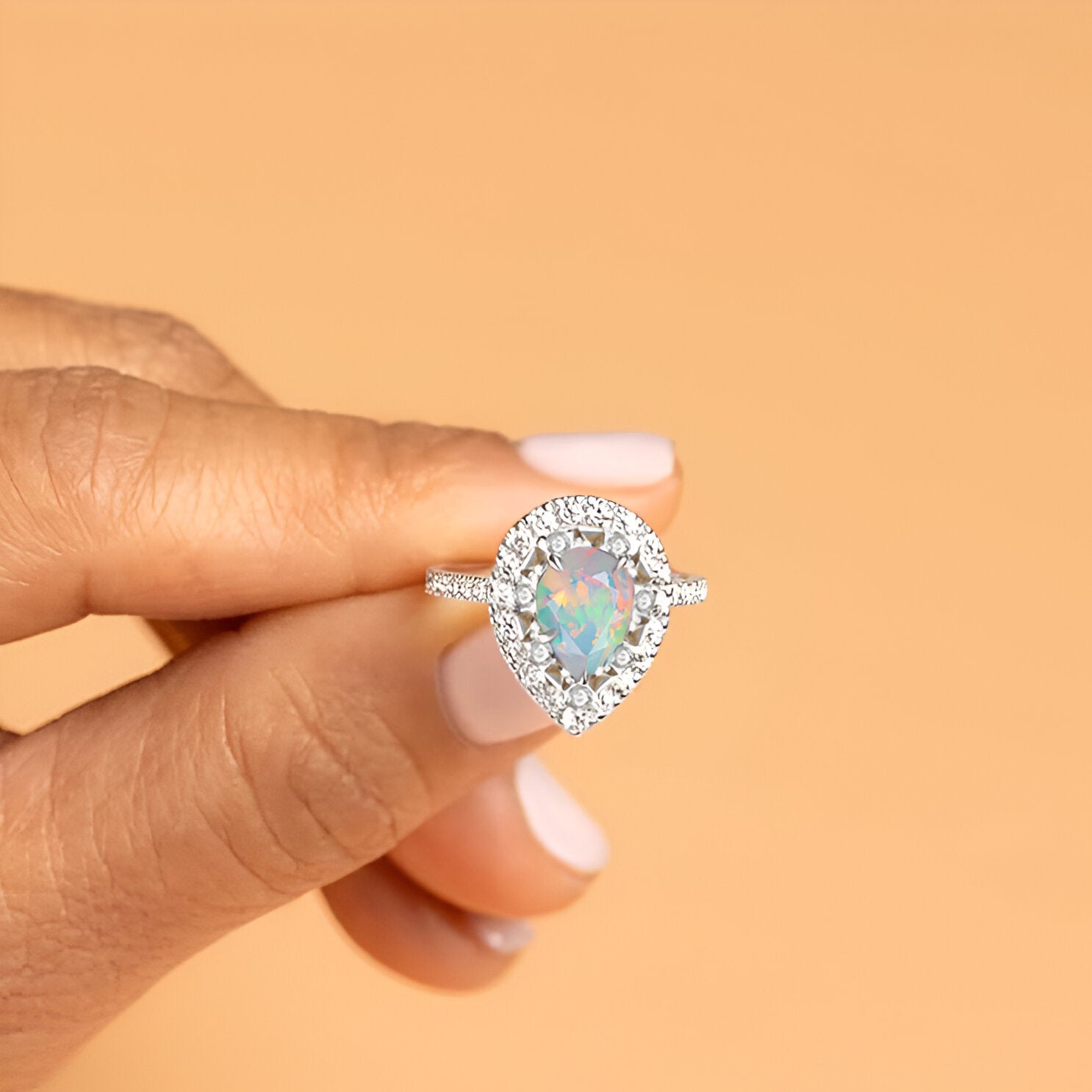 Pear Shape Natural White Opal Statement Halo Ring – Elegant Wedding, Engagement & Anniversary Jewelry Gift for Women