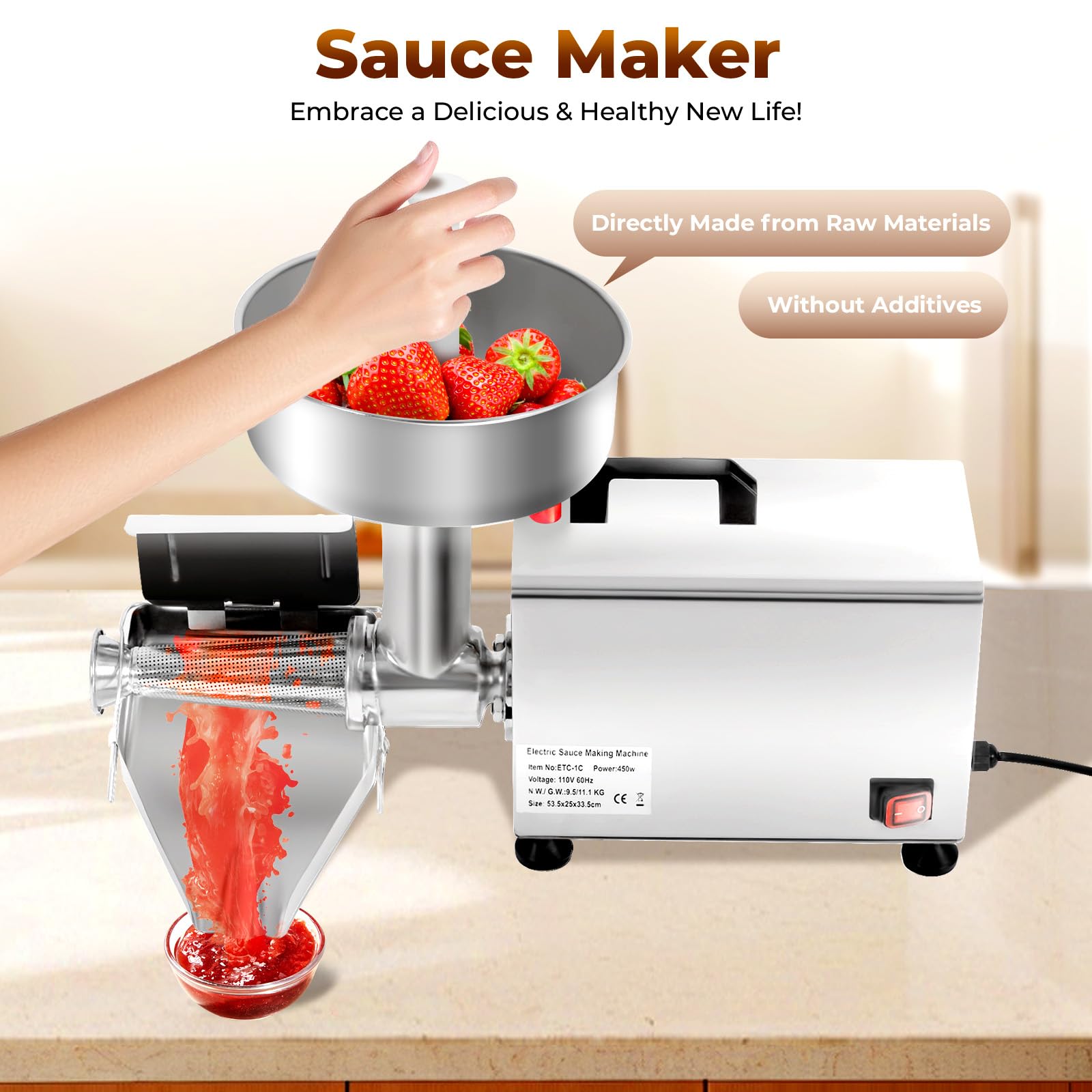 450W 110V Electric Tomato Sauce Maker & Food Grinder - 110lbs/h Stainless Steel Jam Machine with Pure Copper Motor, Funnel & Trough (21.06x9.8x13.19 Inch) - Perfect for Homemade Sauces, Jams, Purees & Baby Food Preparation