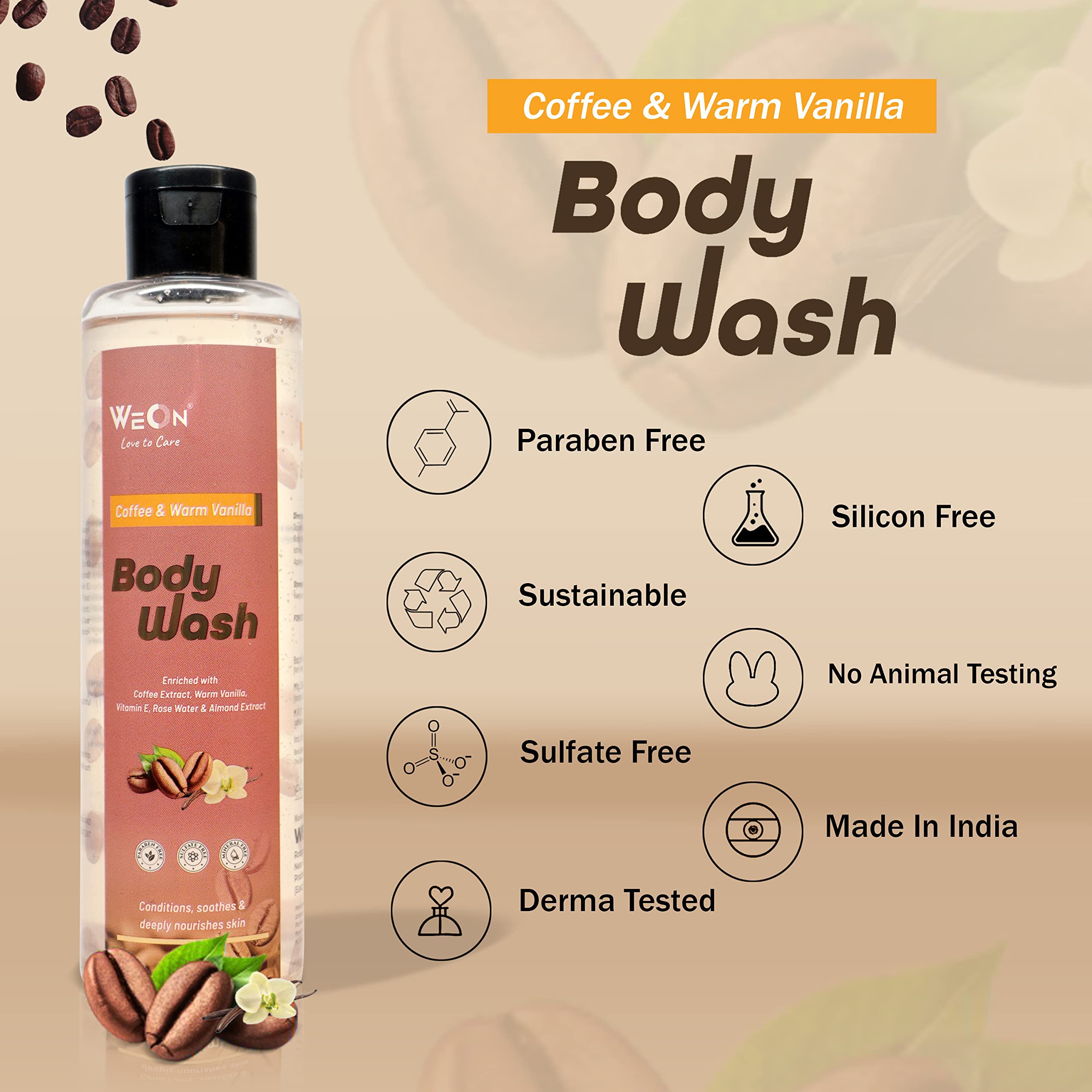 WeOn Coffee & Warm Vanilla Body Wash for Detox and Deep Cleansing – Mineral Oil & Silicone Free, Sulfate Free Shower Gel for Women & Men – 200ml x 3 Pack – Perfect for Post-Workout, Travel & Daily Skincare Routine