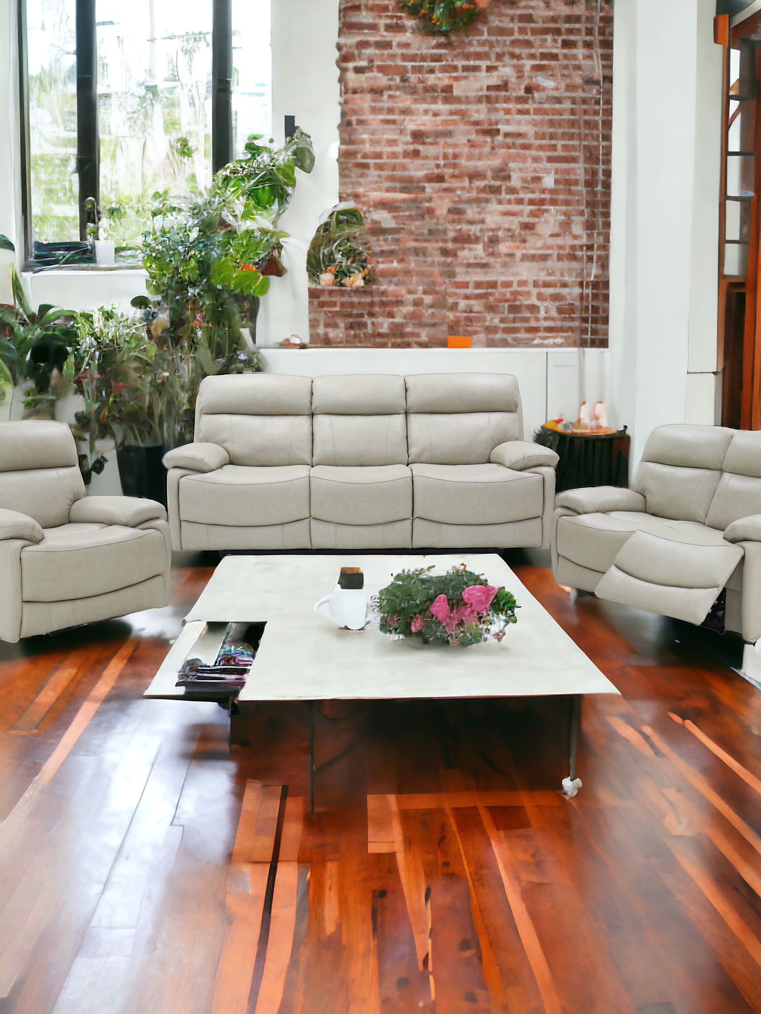BonnyLynn 7609 Power Reclining Sofa Set with Loveseat and Chair - Taupe Microfiber Upholstery | Living Room Furniture for Home Theater & Family Relaxation