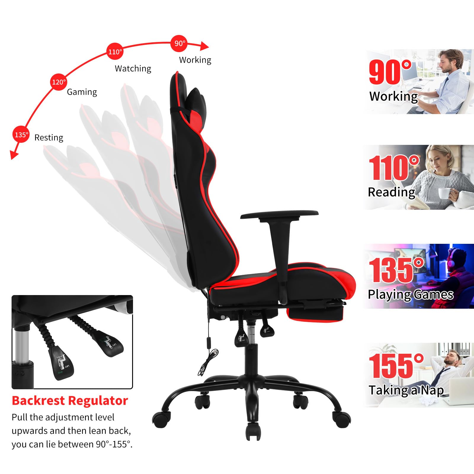 BLKMTY Ergonomic Massage Gaming Chair - High Back PU Leather Office Chair with Footrest, Lumbar Support & Headrest - Reclining Racing Computer Chair for Gamers & Professionals - Perfect for Home Office, Gaming Setup & Workstation - Red