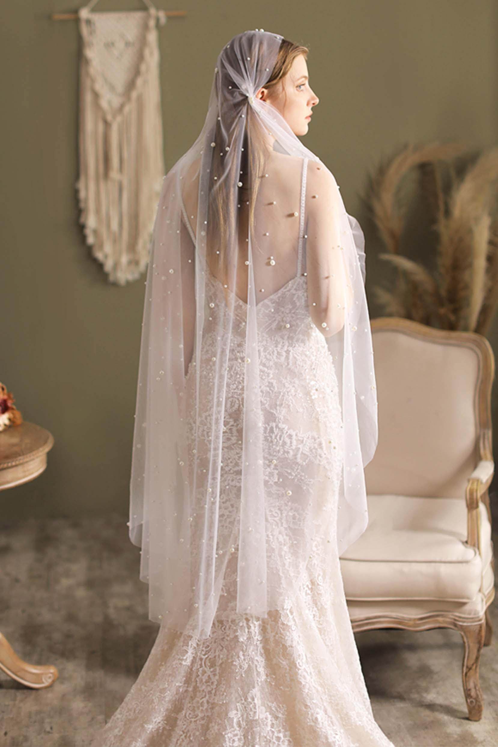 Elegant One-Tier Cut Edge Tulle Tea Veil with Beading CV0294 - Perfect for Bridal Accessories, Wedding Ceremonies & Vintage Themed Events